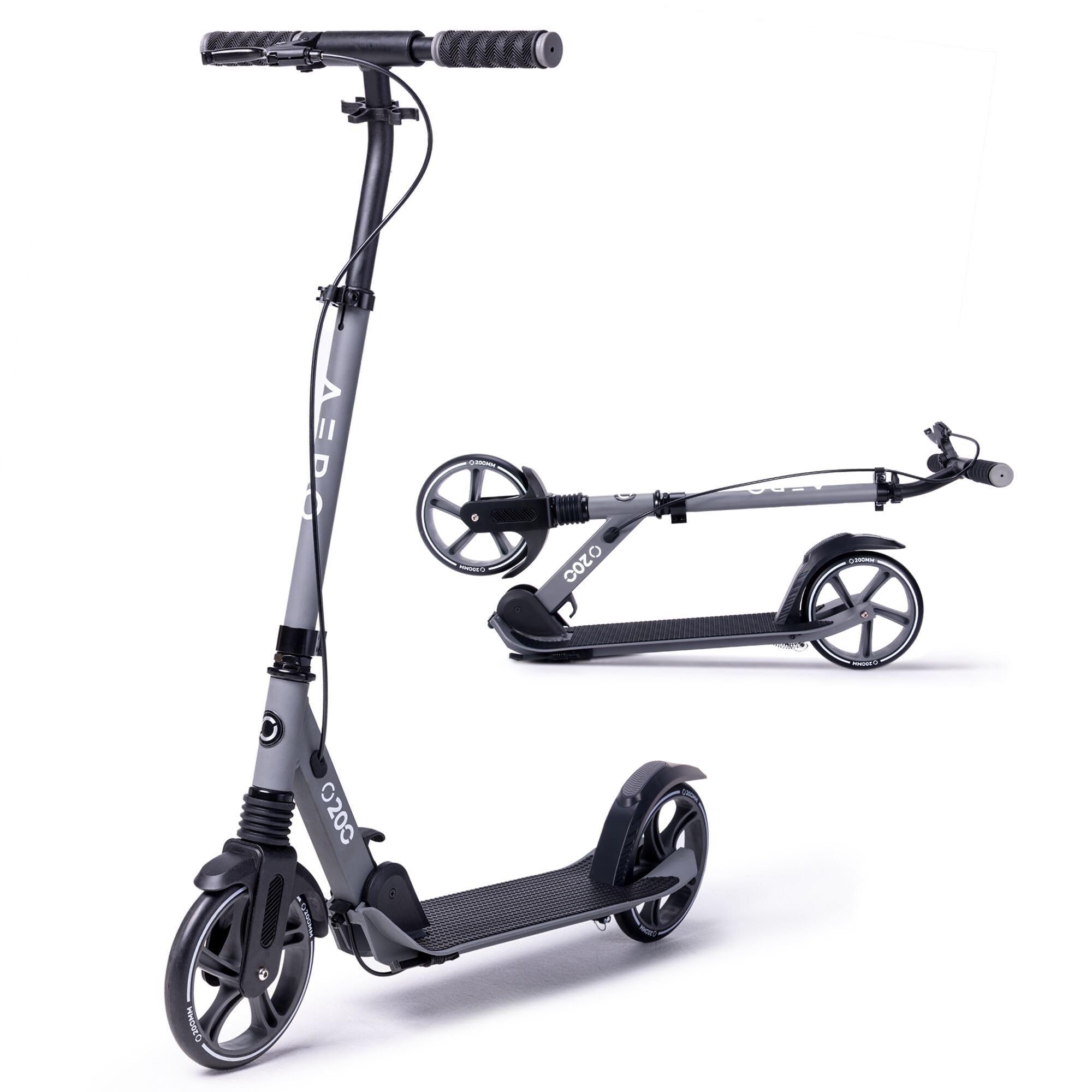 Aero Big Wheels Kick Scooter for Kids 8-12, Teens & Adults | Hand Brake, Rubber Deck Mat & Shock Absorption | Foldable & Height Adjustable, 220lbs Max