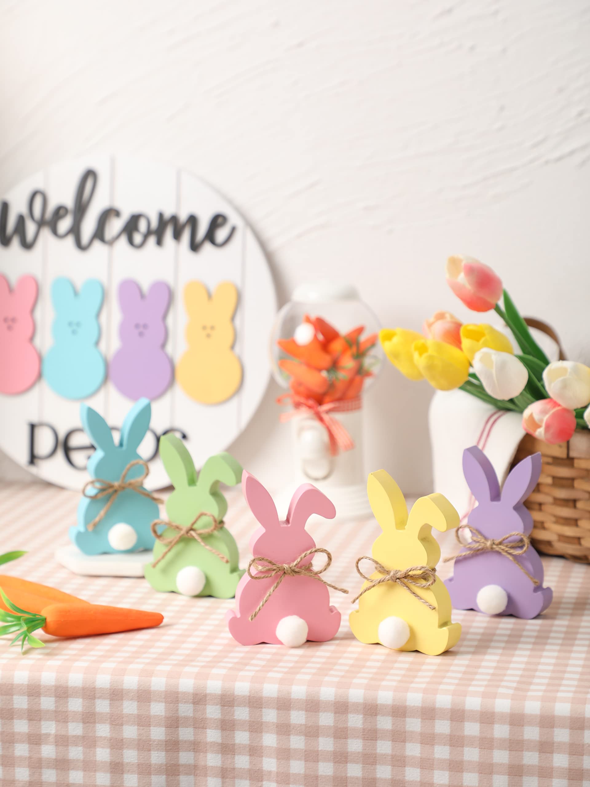 Easter Decorations, 5pcs Wooden Easter Bunny Table Sign with Jute Rope, Easter Wood Tiered Tray Decor Freestanding Easter Table Decorations