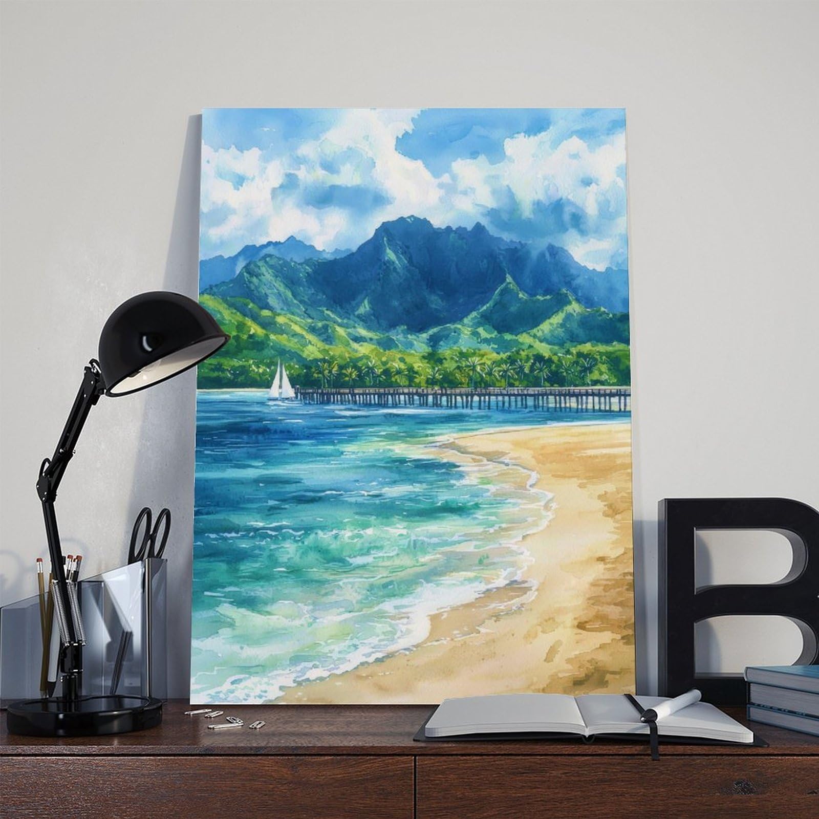 CFIOZYOS Hanalei Bay Watercolor Poster Wall Art Hanalei Bay Wall Hanging Home Décor Gift Art Lovers United States Living Room Office Bedroom Canvas Deco Frame 16x24inch