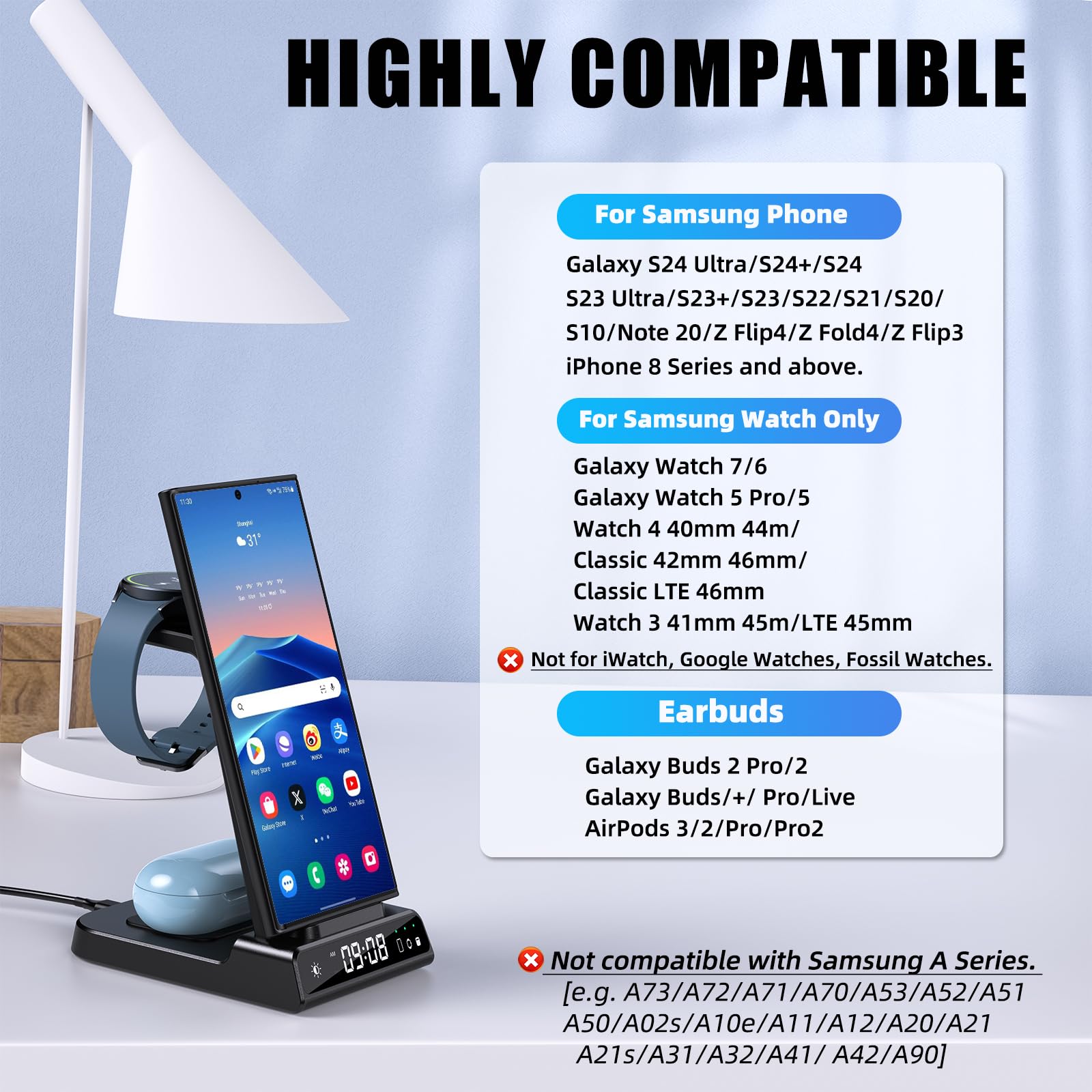 Wireless Charger for Samsung Charging Station, 3 in 1 Android Phone Wireless Charger for Samsung Galaxy S24 Ultra/S23 Ultra/Z Flip 6/Fold 6/Buds, Charger for Galaxy Watch Ultra/7/6/5/4/3 (Black)