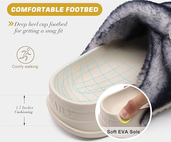 KuaiLu Women's Fluff Slippers Black White, Plantar Fasciitis Arch Support Platform Slippers Ladies Fashion Open Toe Faux Fur Sliders House Slipper