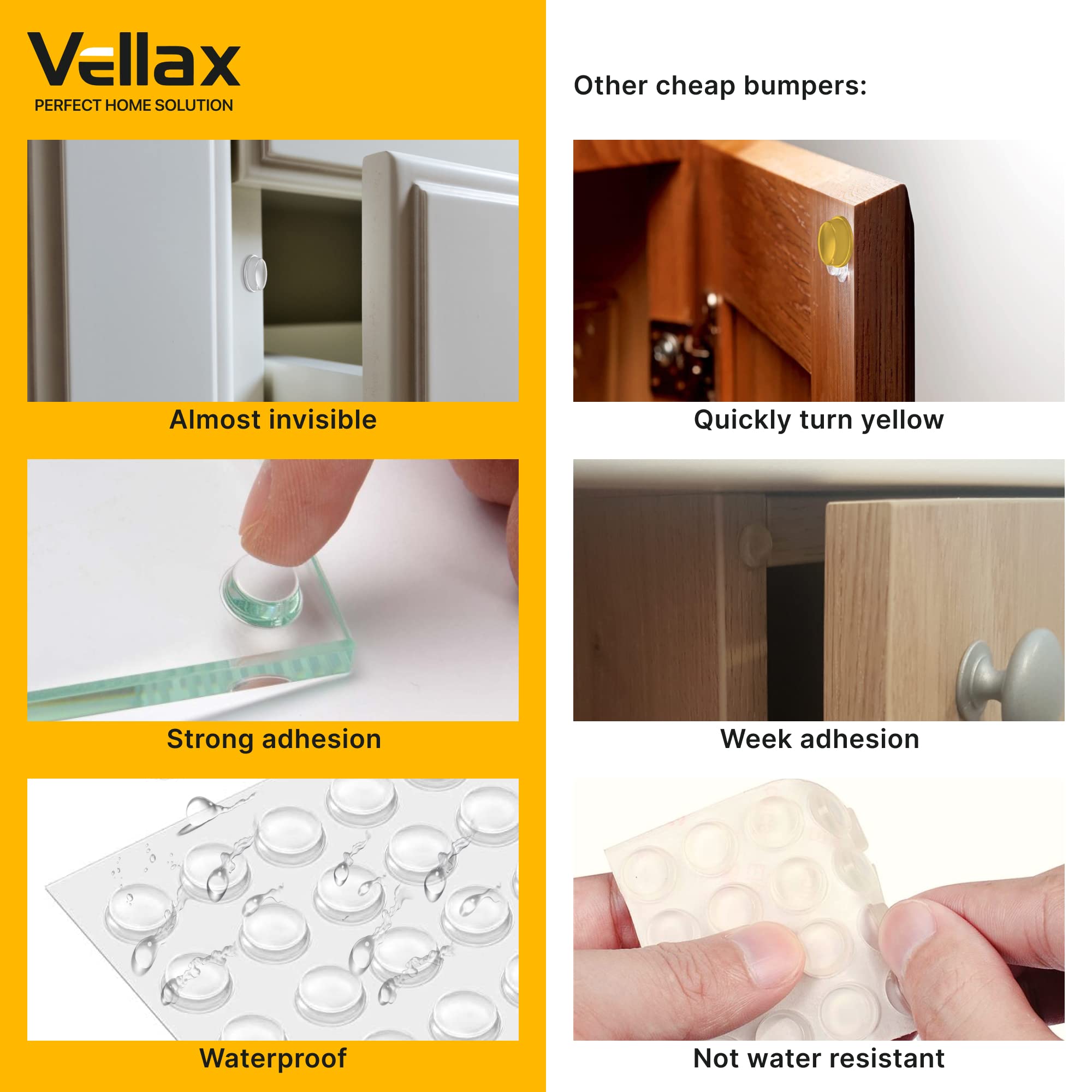 Vellax Cabinet Door Bumpers - Self Adhesive Pads, Cabinet Stoppers, Rubber Bumpers for Drawers, Cupboards, Cutting Boards, Glass Tops, Picture Frames, Kitchen Furniture