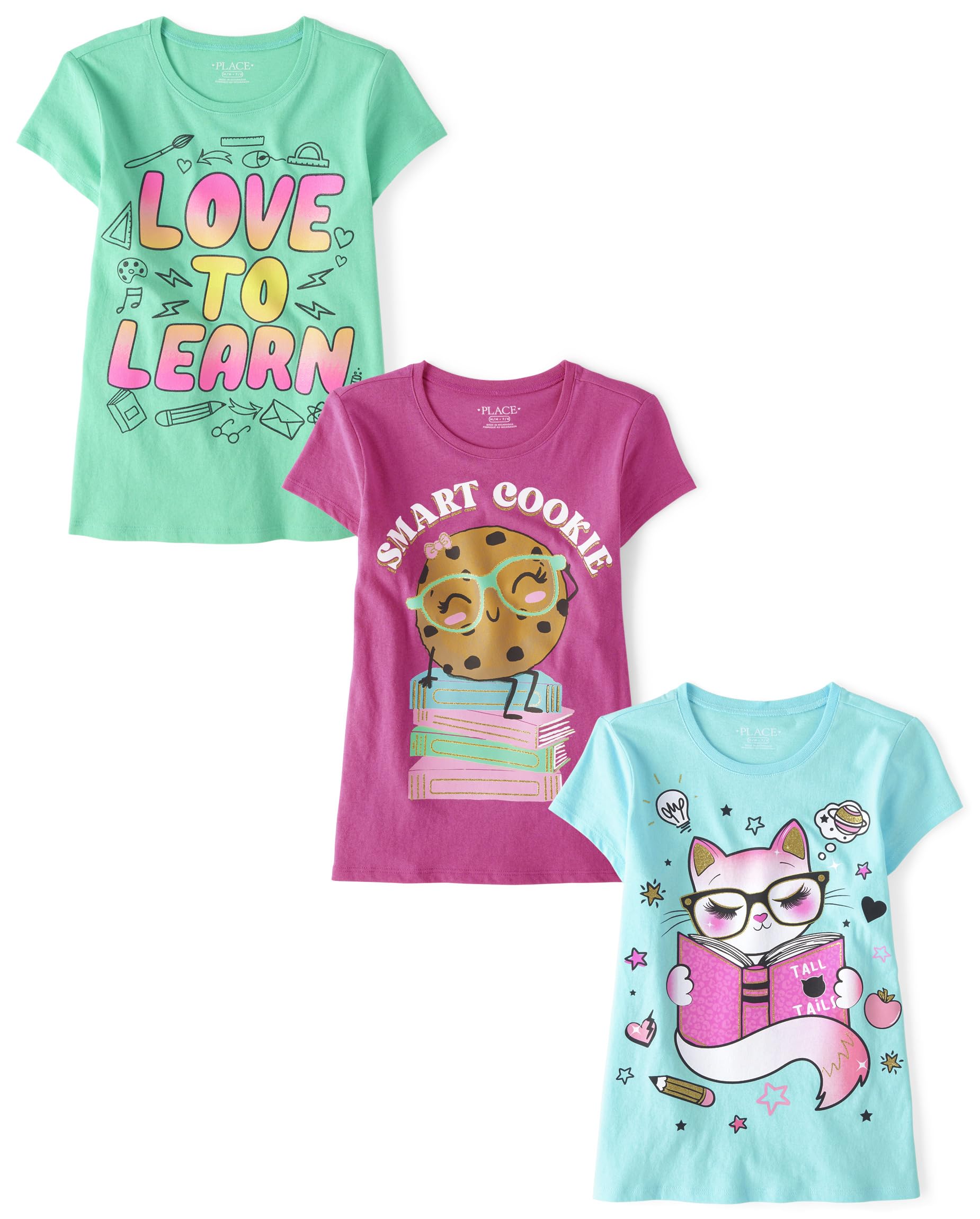 The Children's Place Girls' School Days Short Sleeve Graphic T-Shirts, Multipacks, Book Cat/Smart Cookie/Learn 3-Pack, Large