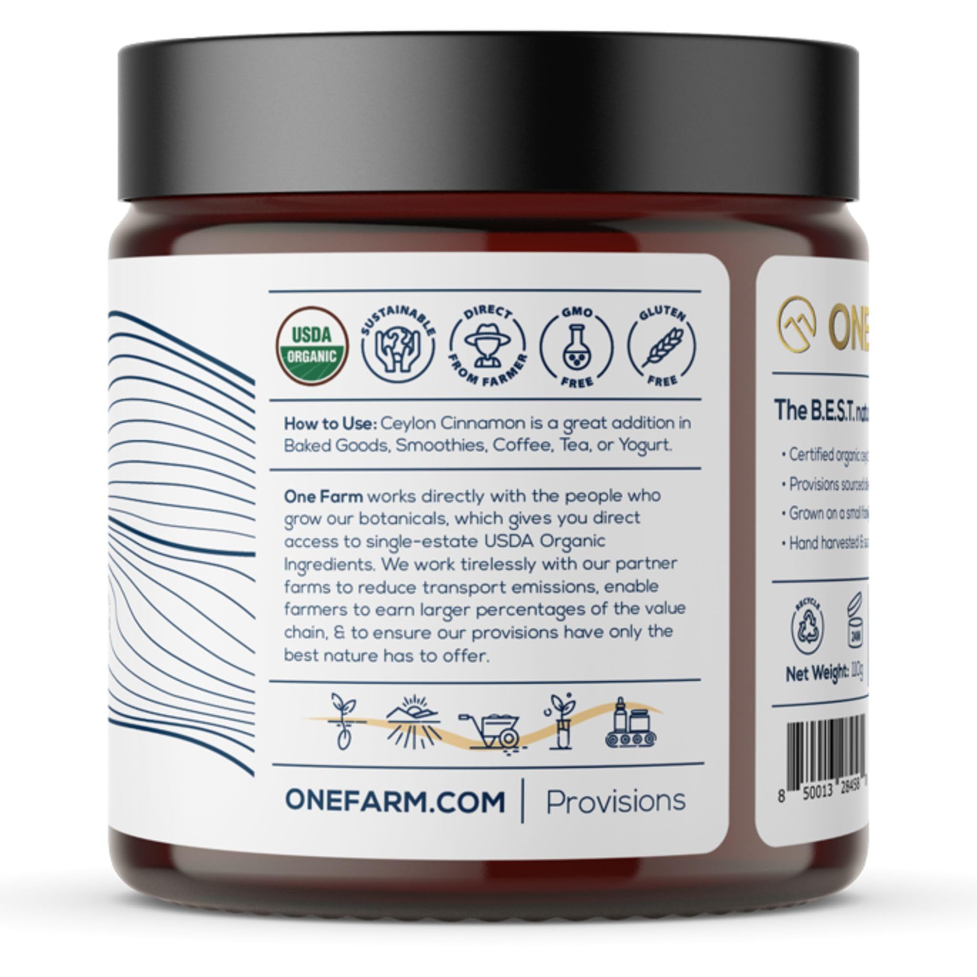One Farm by WAAYB Organic Ceylon Cinnamon, Single Estate, Freshly Ground Premium Sri Lanka Cinnamon, Non-GMO, Fair-Trade & Gluten Free in Resealable Jar for Cooking, Smoothies, Lattes & Tea
