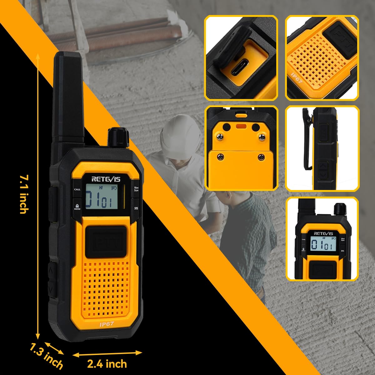 Retevis RB48 2 Way Radio Long Range, IP67 Waterproof Walkie Talkies Adults, Professional Heavy Duty Two Way Radios, Advanced Triple Proof, for Job Site Construction Warehouse(6 Pack)