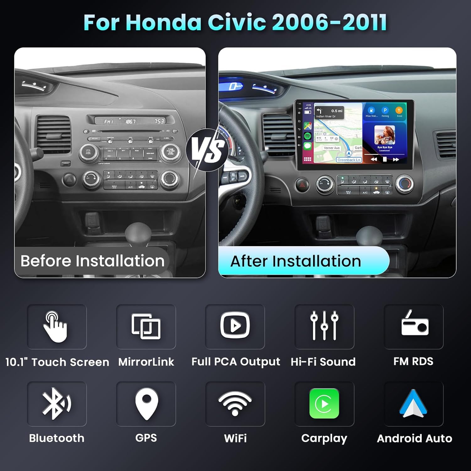 Podofo Radio for Honda Civic 2006 2007 2008 2009 2010 2011 Car Stereo with Wireless CarPlay Android Auto,10.1 Inch 1080P Touch Screen【Built-in DSP EQ GPS Chip】 Bluetooth RDS FM WiFi Camera 2G+32G