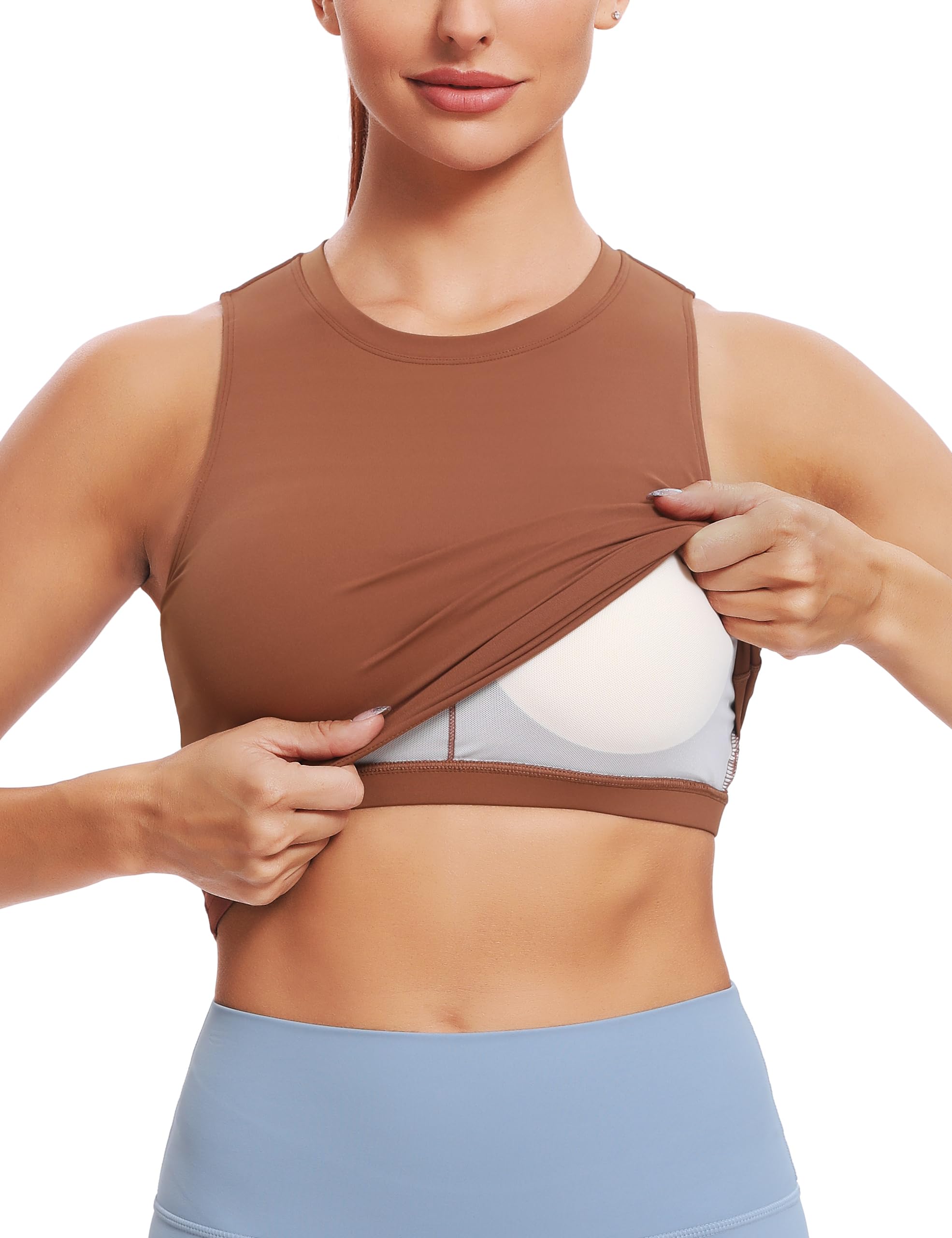 Natural Feelings Sports Bras for Women Removable Padded Yoga Tank Tops Sleeveless Fitness Workout Running Crop Tops Coffee Brown
