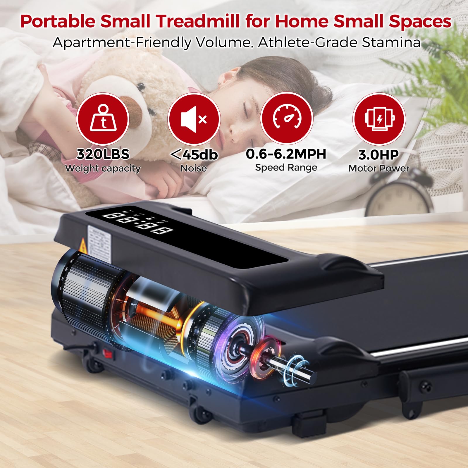 Treadmill with Handles for Home Small, 3.0HP Electric Compact Walking Pad Treadmills with Handle Bar, 0.6-6.2MPH Portable Under Desk Treadmill Home for Small Space, 320LBS