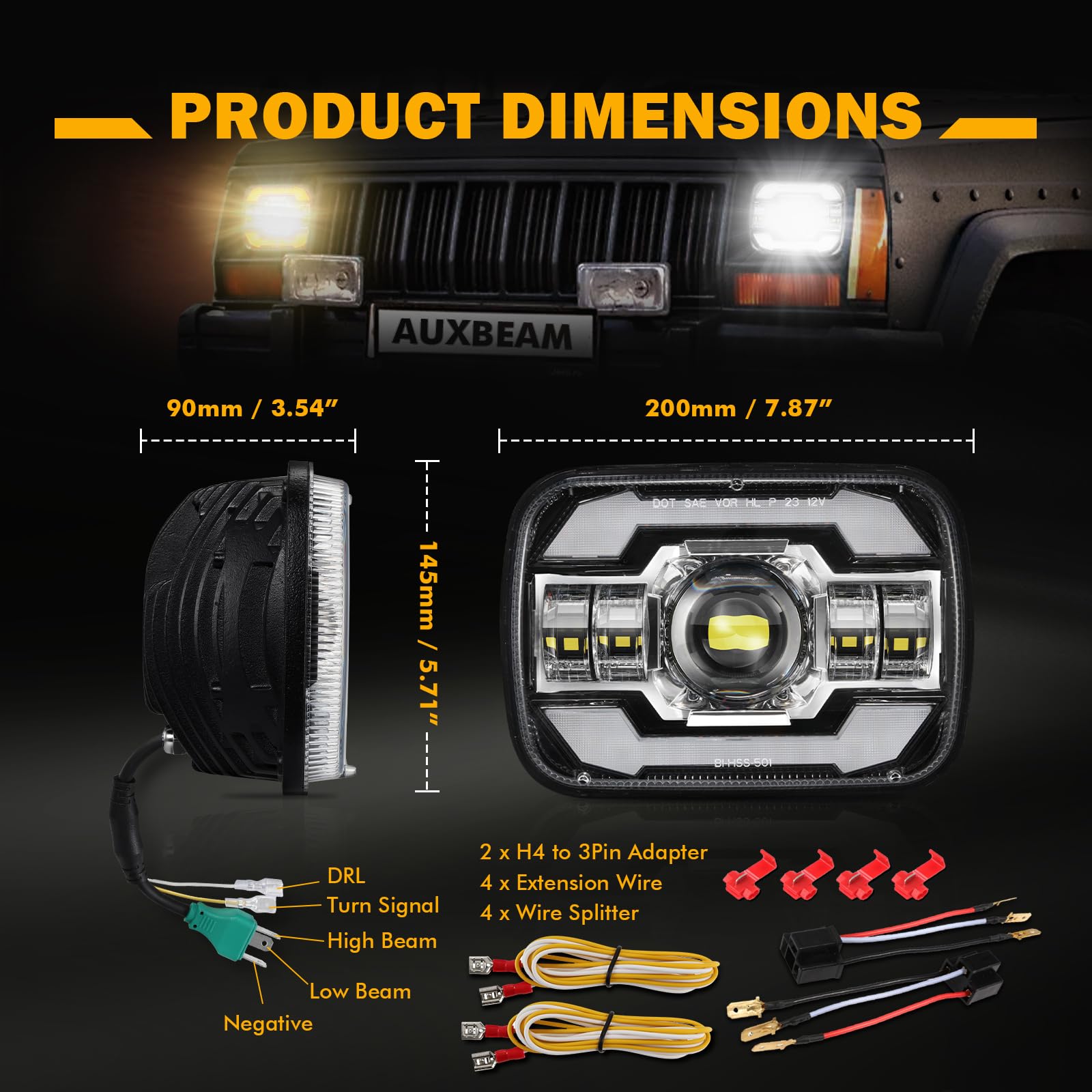 Auxbeam 5x7 7x6 LED Headlights with DRL & Turn Signal High/Low Beam H6054 Led Rectangular Headlight for Jeep Wrangler YJ Cherokee XJ H6054 H5054 H6054LL 69822 6052 6053