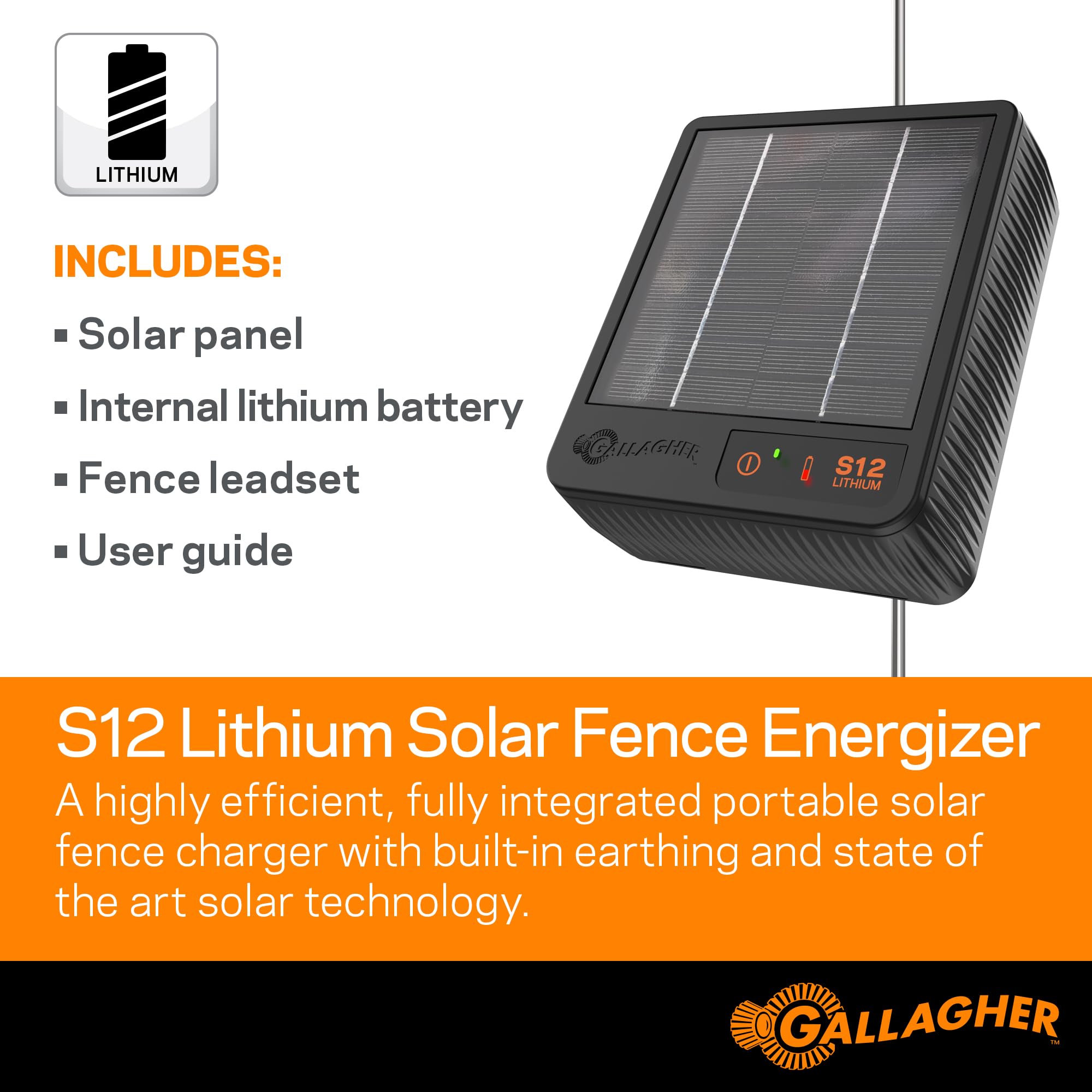 Gallagher S12 Solar Electric Fence Charger | Powers Up to 4 Miles / 18 Acres of Fence | Solar Lithium Technology, 0.12 Stored Joule Energizer | Built-in Earthing | Portable and Super Tough