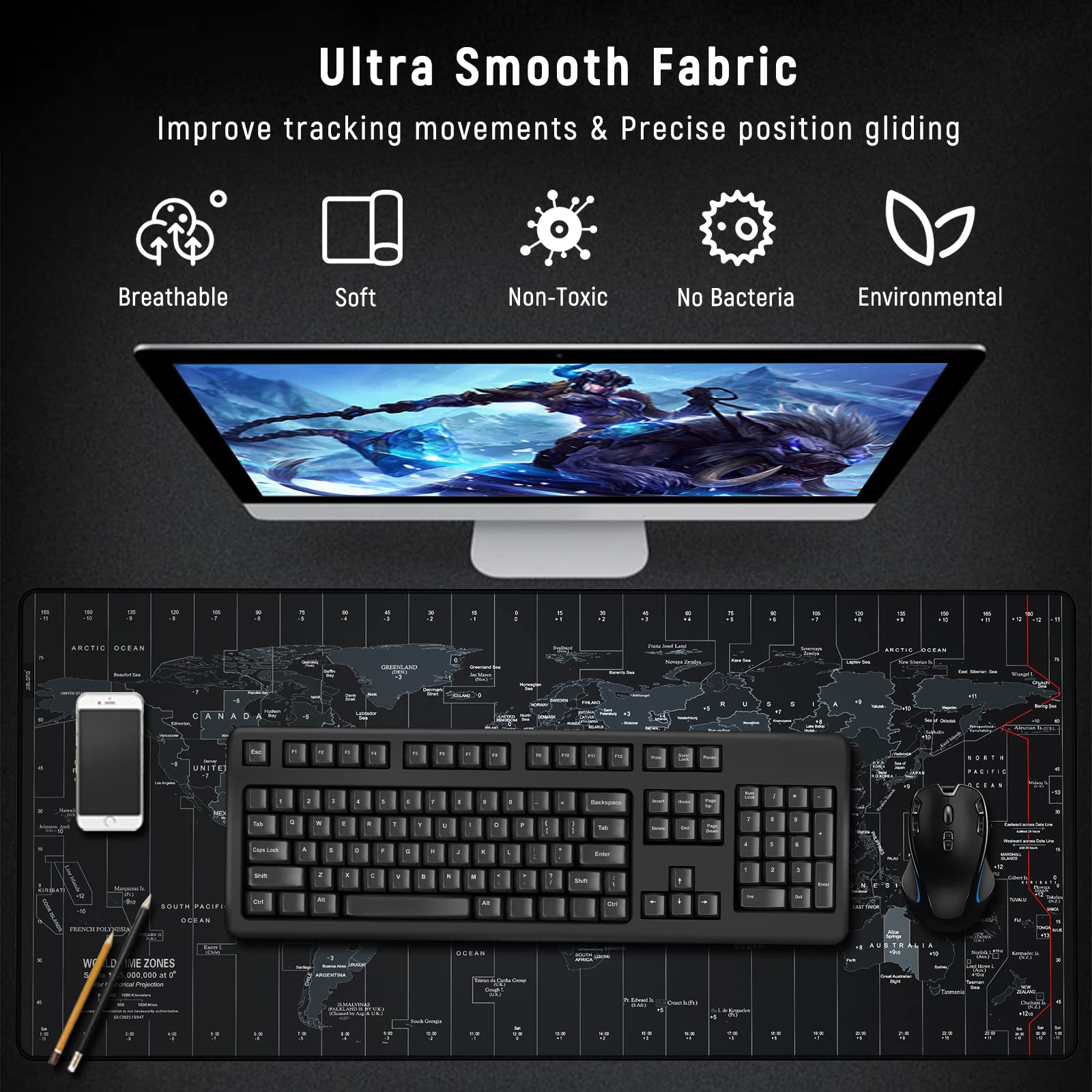 JIALONG Large Gaming Mouse Pad with World Map, Extended Mousepad with Superior Micro-Weave Cloth, Comfortable Keyboard Pad, Desk Mat for Gamer Office Work Home, 35.4 x 15.7 inches Black