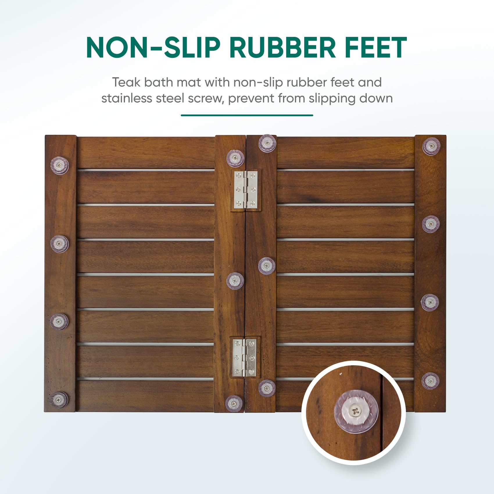 Smuxee Foldable Teak Wood Bath Mat, 23.2" x 16.2'' Shower Mat with Non-Slip, Wooden Floor Mat for Bathroom, Pool and Sauna