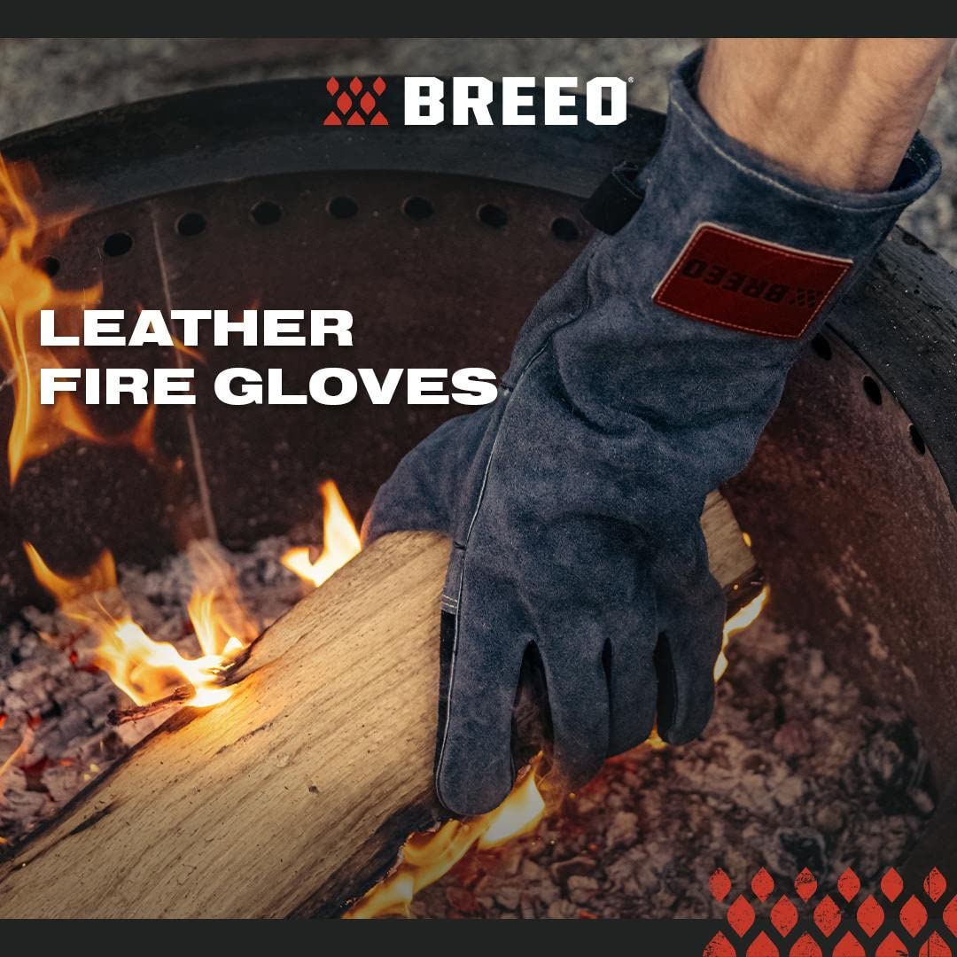 Breeo Fire Pit Gloves - Leather, Heat-Resistant Fire Gloves for Outdoor Cooking & Grilling - Air-Isolated Aluminum Foil Grip - Control the Flame - Heat Resistant up to 1000° - One Size Fits All