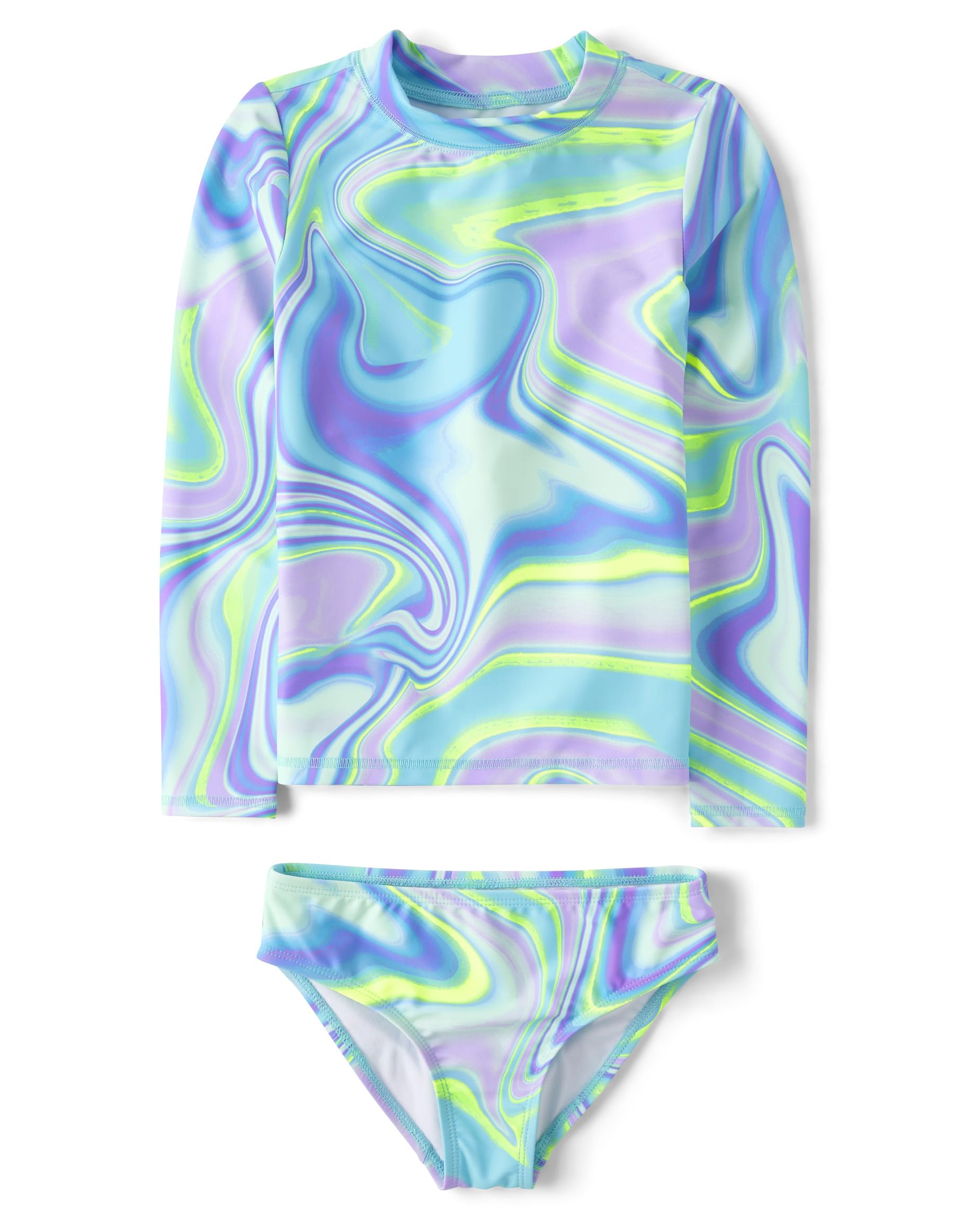 The Children's Place Girls' Standard Long Sleeve Rashguard and Bottom 2-Piece Swimsuit, Swirl Tie Dye, Large