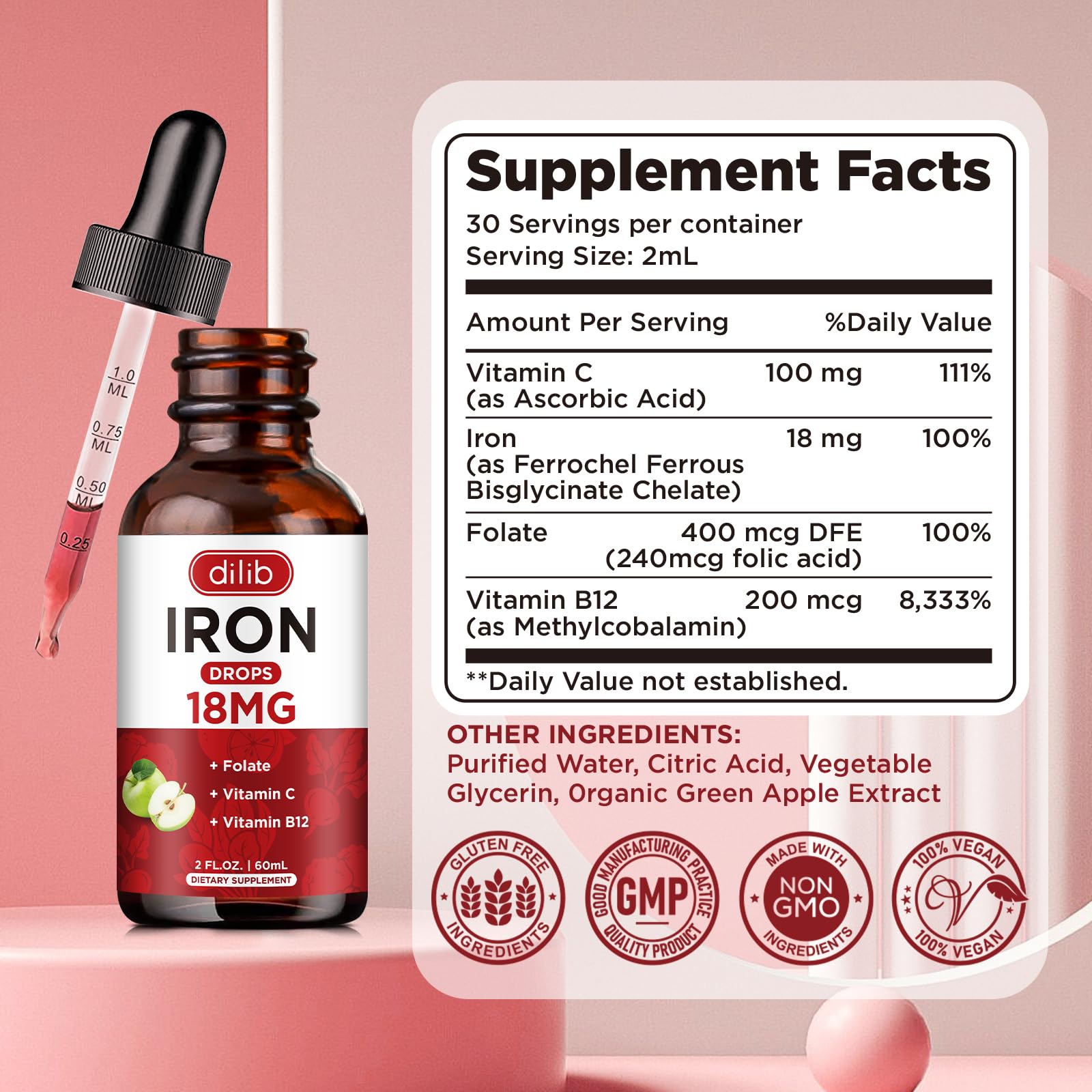 Liquid Iron Supplement for Women & Men Iron Drops Iron Supplements for Anemia with Folate, Vitamin C, B12 for Red Blood Cell Support-Green Apple Flavor, 2 Fl Oz