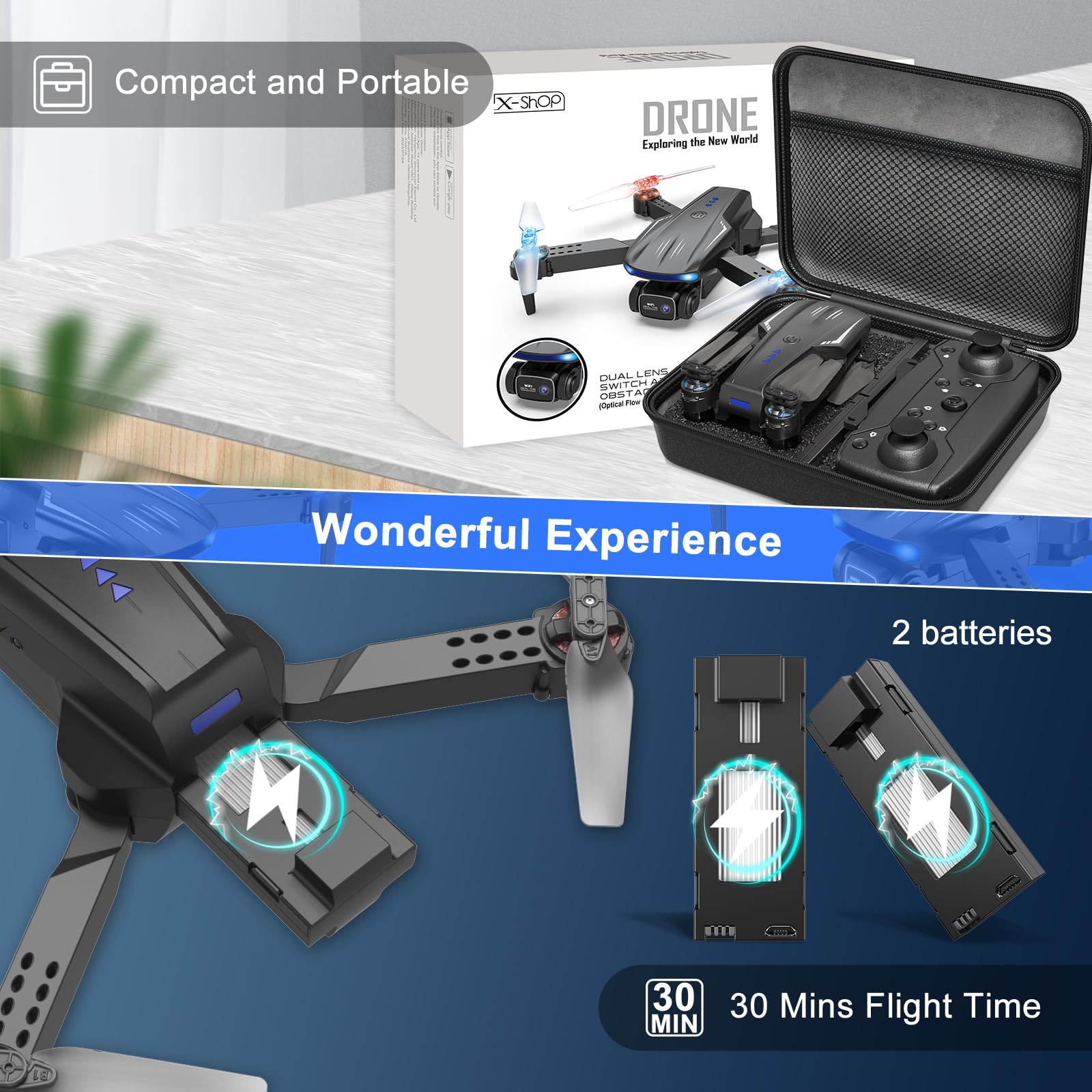 X-shop Drone with Camera 1080P HD, FPV Mini Drones for Kids Adults with 2 Batteries, Toys Gifts for Kids Beginners with One Key Take Off/Landing, Altitude Hold, 90°Adjustable Lens, 360 Flips