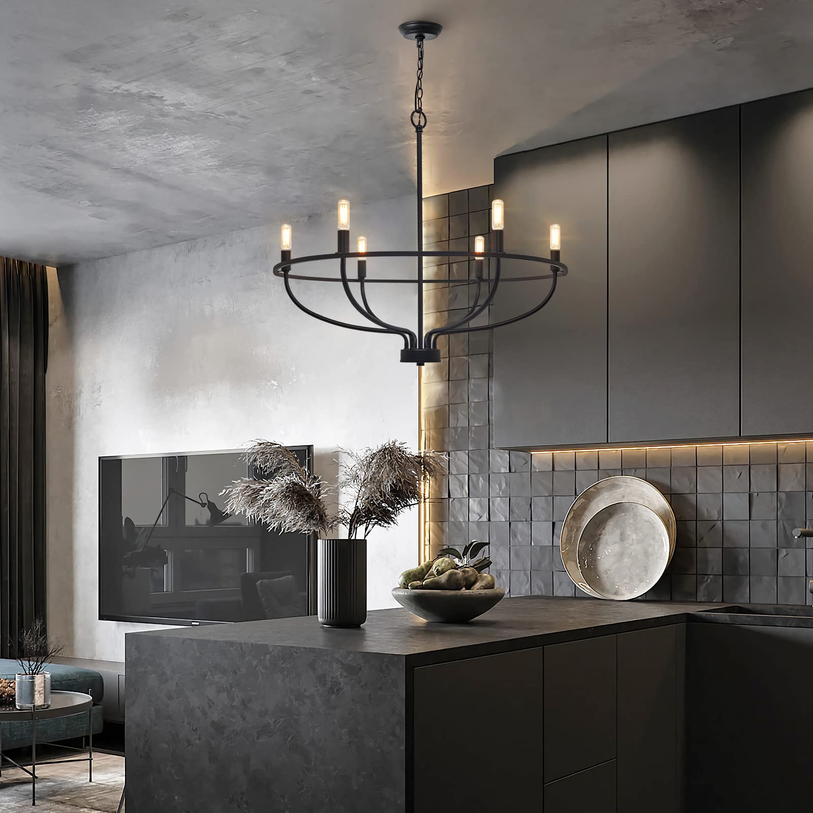 FookChak 6-Light Black Chandelier Light Fixture Industrial Candle Chandelier Black Chandeliers for Dining Room for Bedroom, Living Room,Kitchen,28.54in, E12