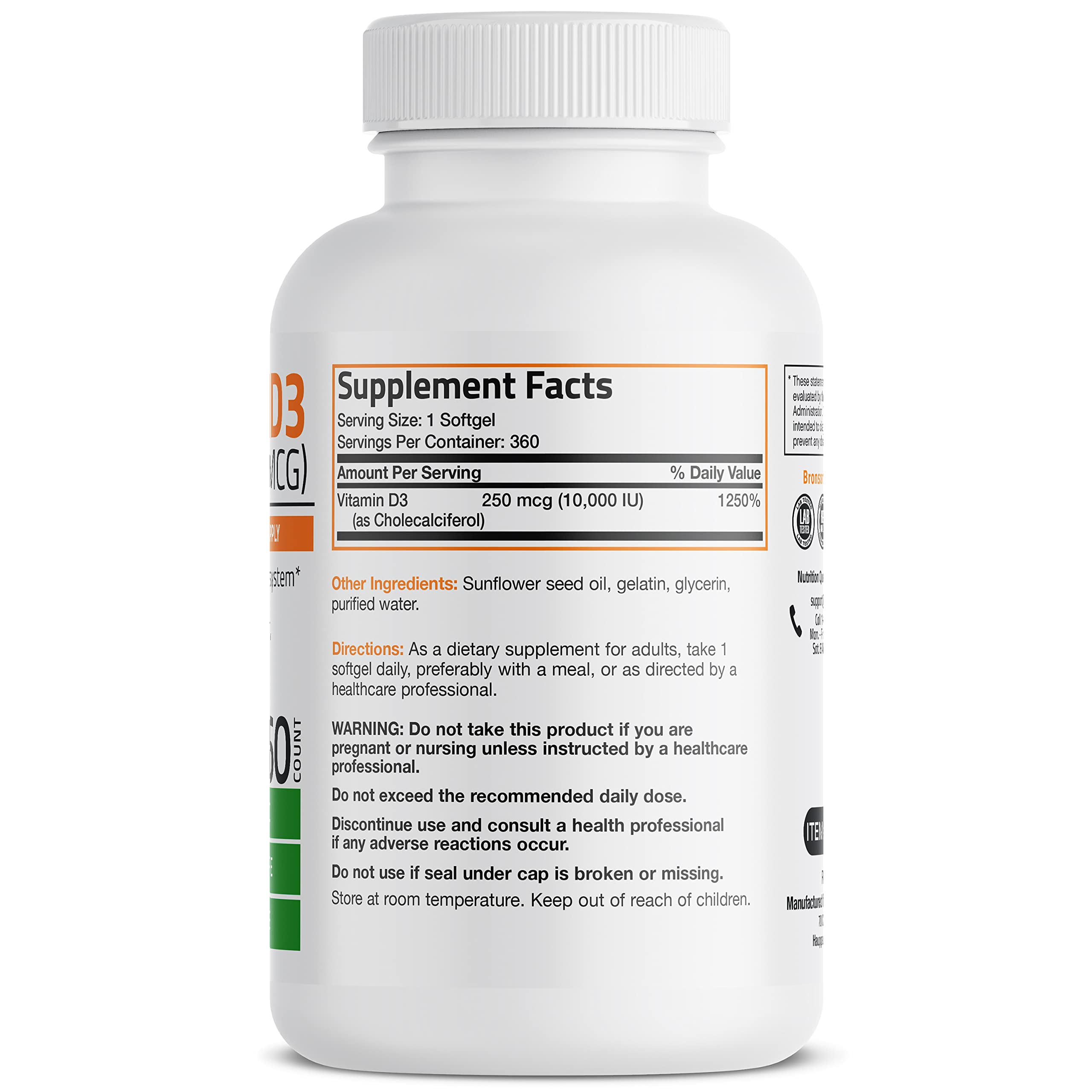 Bronson Vitamin D3 10,000 IU (250 mcg) High Potency - Supports Healthy Immune System, Strong Bones, Muscles & Teeth - Non GMO, 360 Softgels (1 Year Supply)