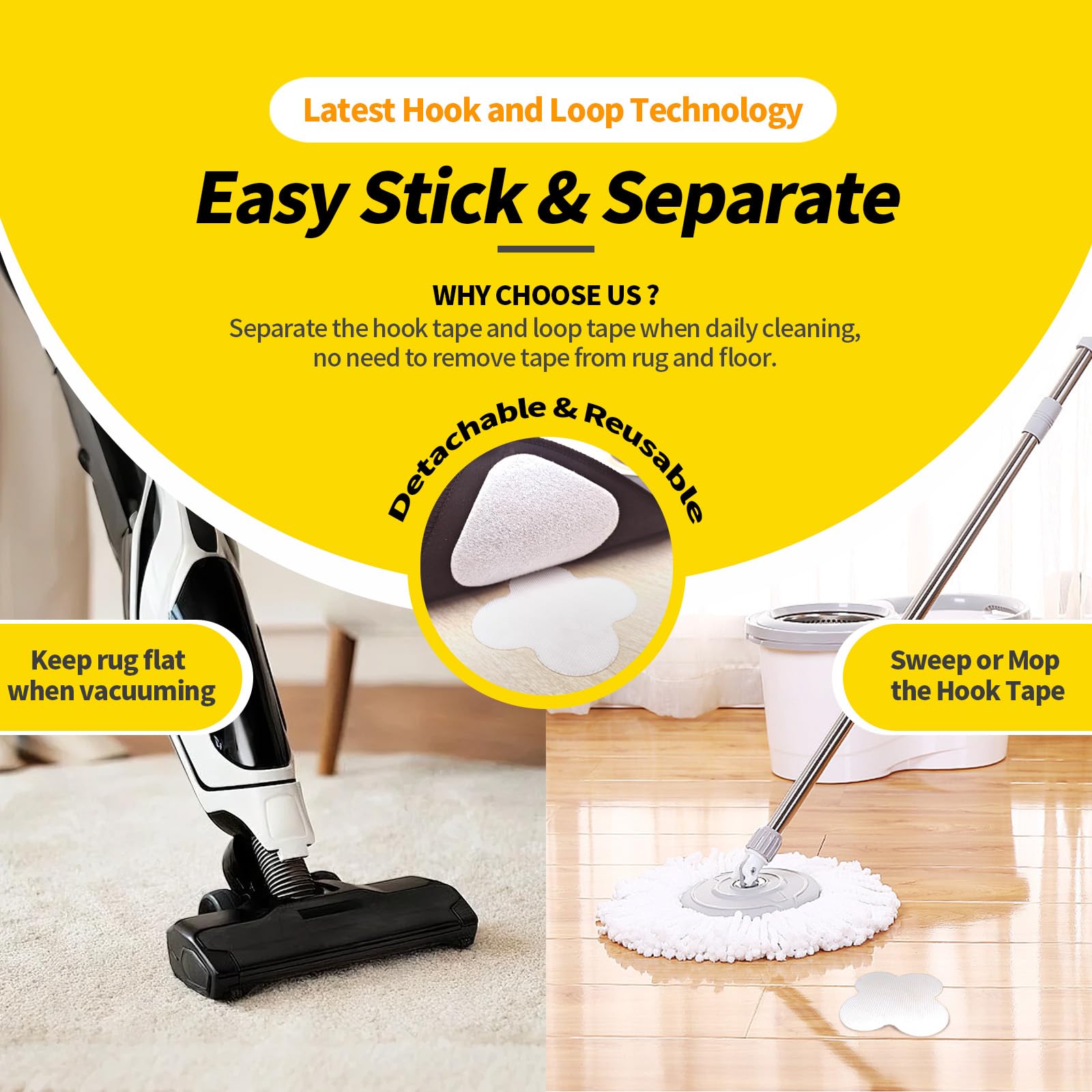 PHIXBEAR 16 Sets Super Adhesive Carpet Pad Gripper, Heavy Duty Hook and Loop Strips Rug Tape for Hardwood Floors Tile, Rug Corners to Hold Rug Down, Keep Area Rugs Safe and in Place