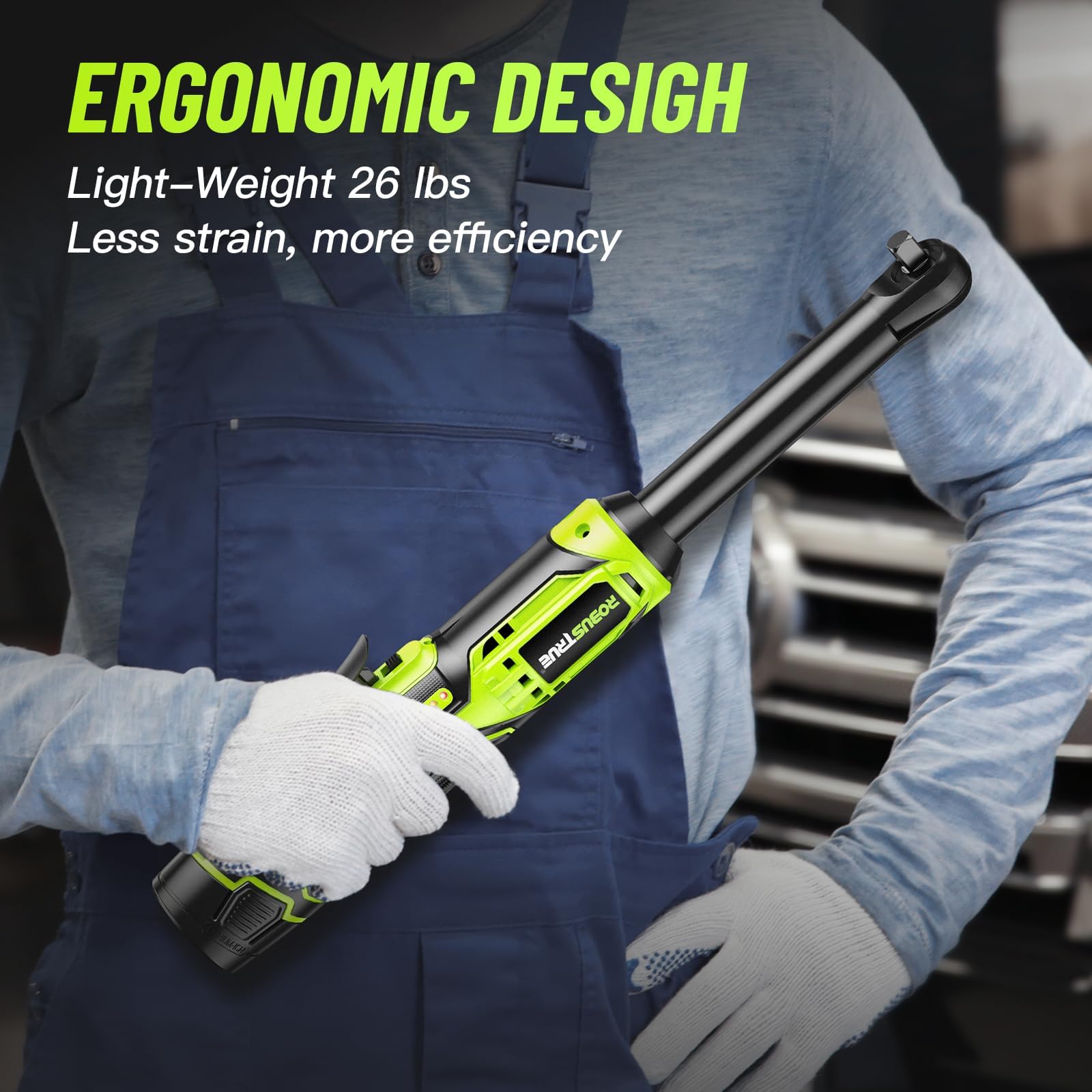 Robustrue 3/8" Cordless Ratchet Wrench, 6 inch Extended Ratchet Wrench, 40Ft-lbs 400RPM Cordless Ratchet, 2 Batteries Power Electric Ratchet Driver with Variable Speed, 7 Sockets, LED Light