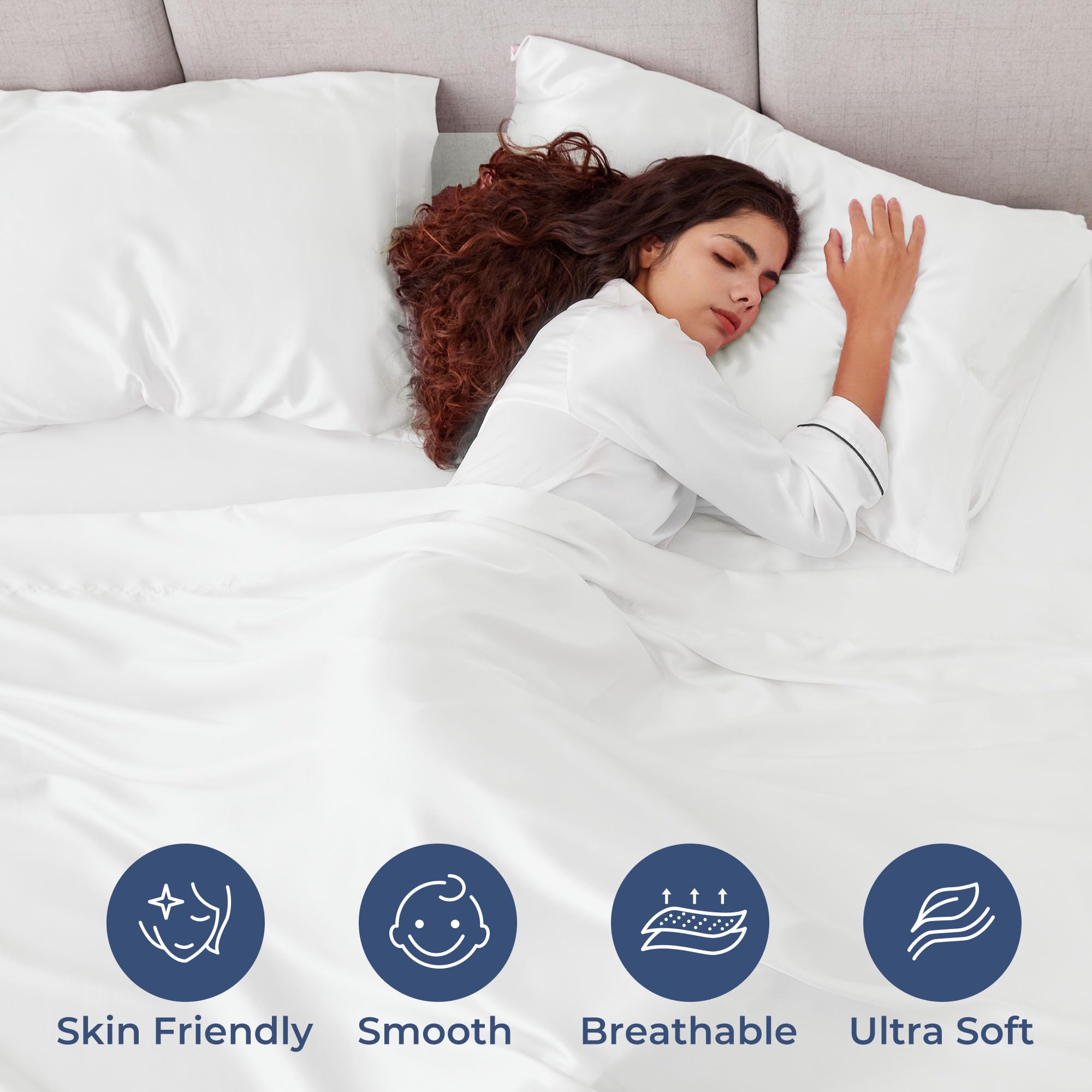 Seasonwood White Satin Sheets King Size 4 Pieces White Bed Set with 2 Pillowcase 20"x40" Microfiber