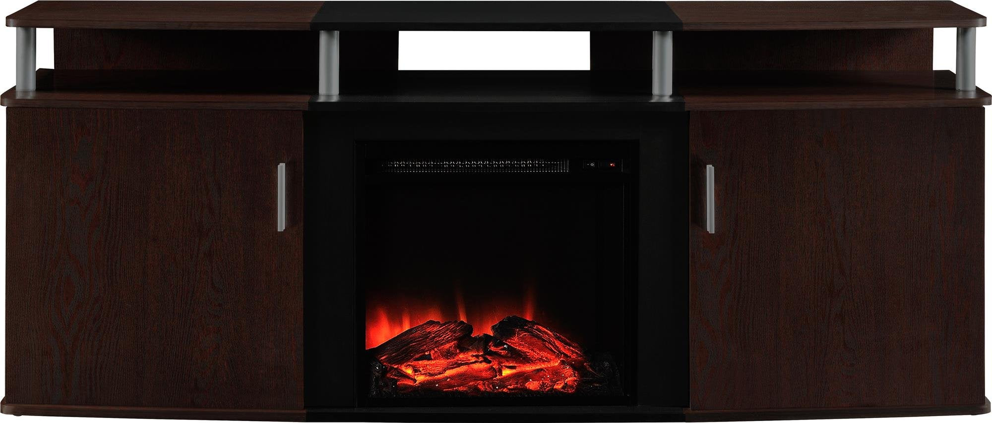 Ameriwood Home Carson Fireplace TV Stand for TVs up to 70 Inch, Replaceable Electric Fireplace Insert Heater, Realistic Log and Flame Effect, for Living Room or Bedroom, Cherry