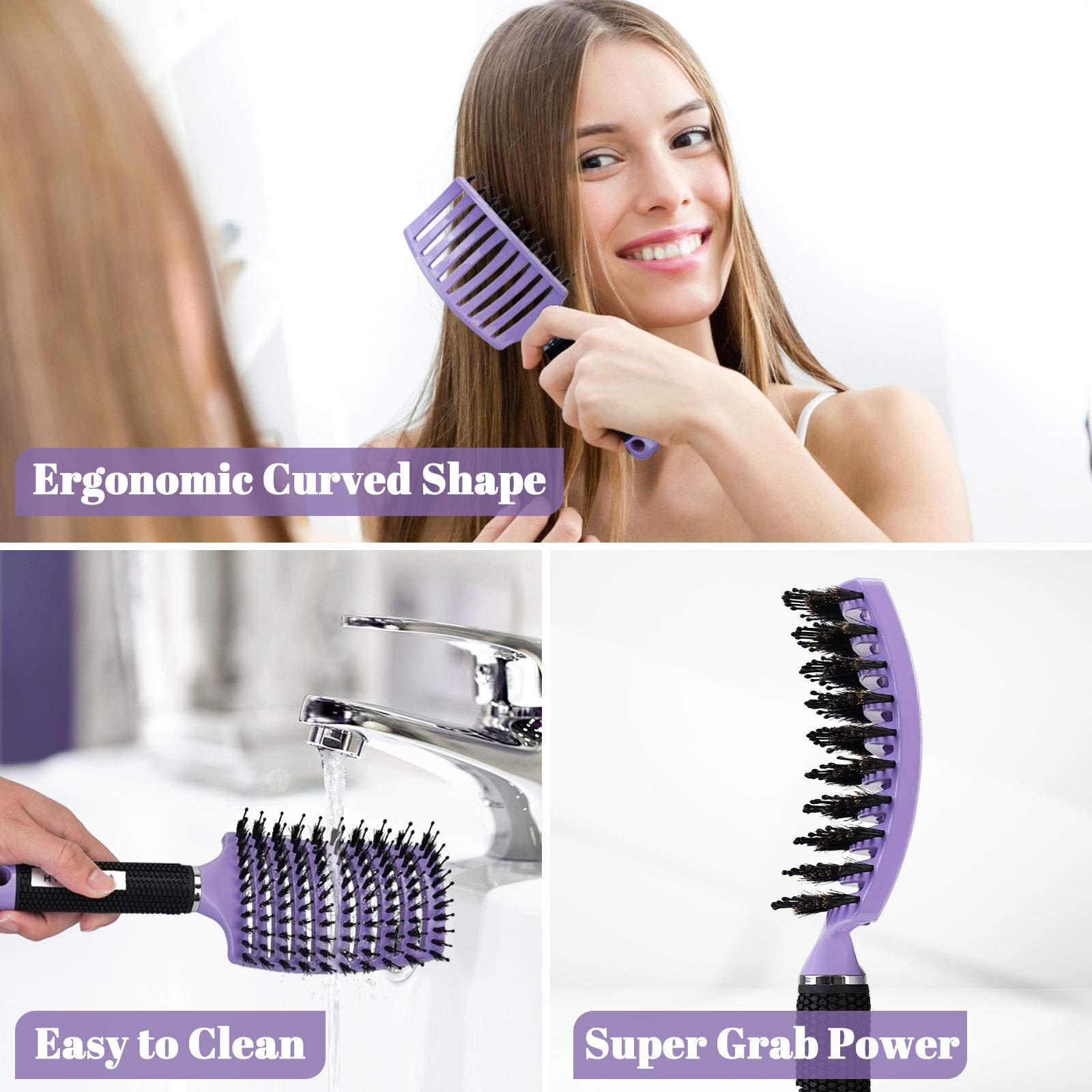 Boar Bristle Hair Brush Set of 2, HIPPIH Wet & Dry Hair Brushes Made by Fine Natural Boar Hair Can Adds Shine and Smoothing, Detangling Long Curly Thick Hair for Women, Men & Kids'