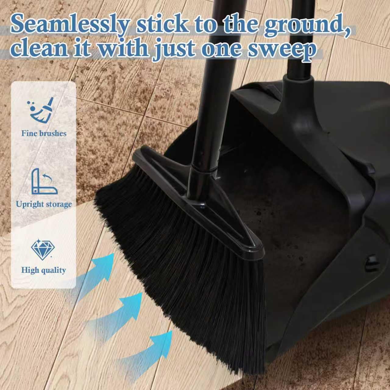 Primero Basics Broom and Dustpan Set with Long Handle and Wheels, Upright Standing Heavy Duty Large Dust Pan and Broom Combo for Indoor Outdoor, Kitchen, Garage, Restaurant Cleaning – Black