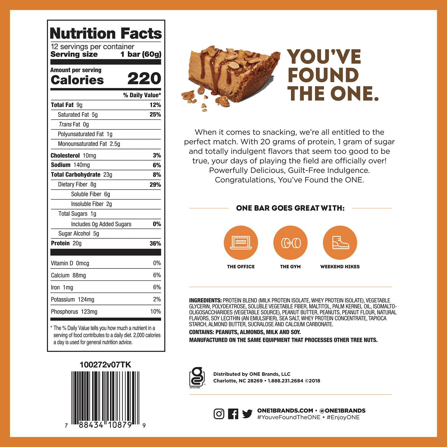 ONE Peanut Butter Pie, New and Improved Recipe, Gluten Free Protein Bars with 20g Protein and only 1g Sugar, Guilt-Free Snacking for High Protein Diets, 2.12 oz (12 Count)