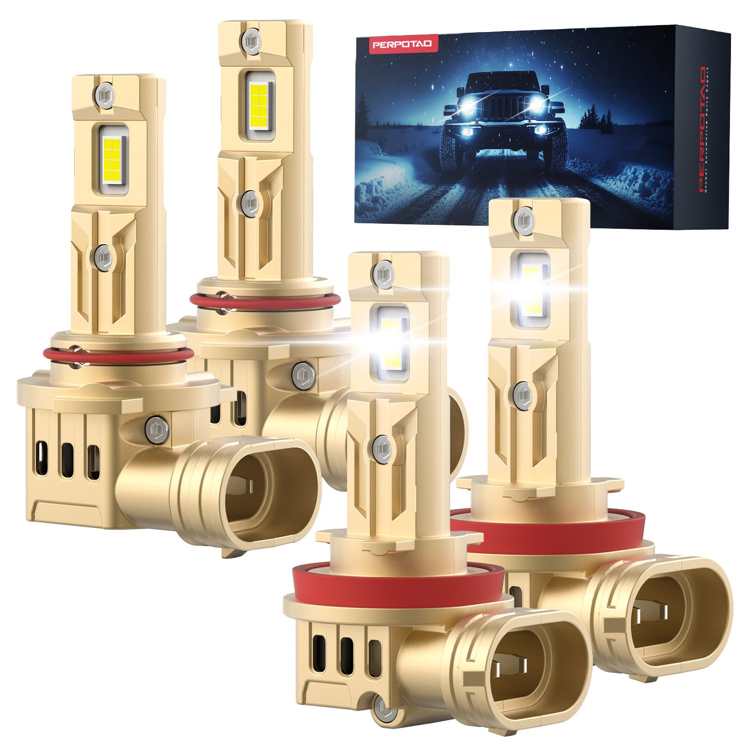 PERPOTAO 9005/HB3 H11/H8/H9 Head Light Bulbs Combo, 70000LM 800% Brighter, 60000H Lifespan, 6000K White, 1:1 Mini Size, IP68 Waterproof, Plug & Play, 4-Pack