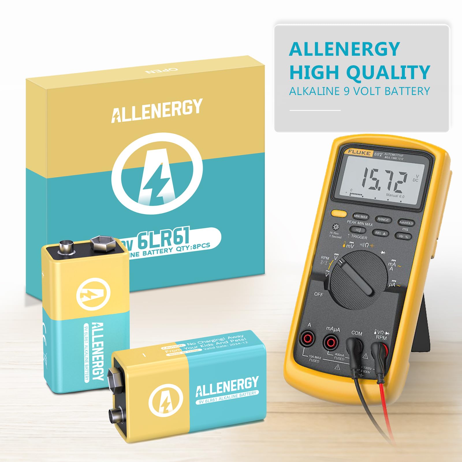 ALLENERGY 9V Batteries Alkaline 9 Volt Battery 2 Pack for Smoke Detector, Square Smoke Alarm Batteries Long-Lasting