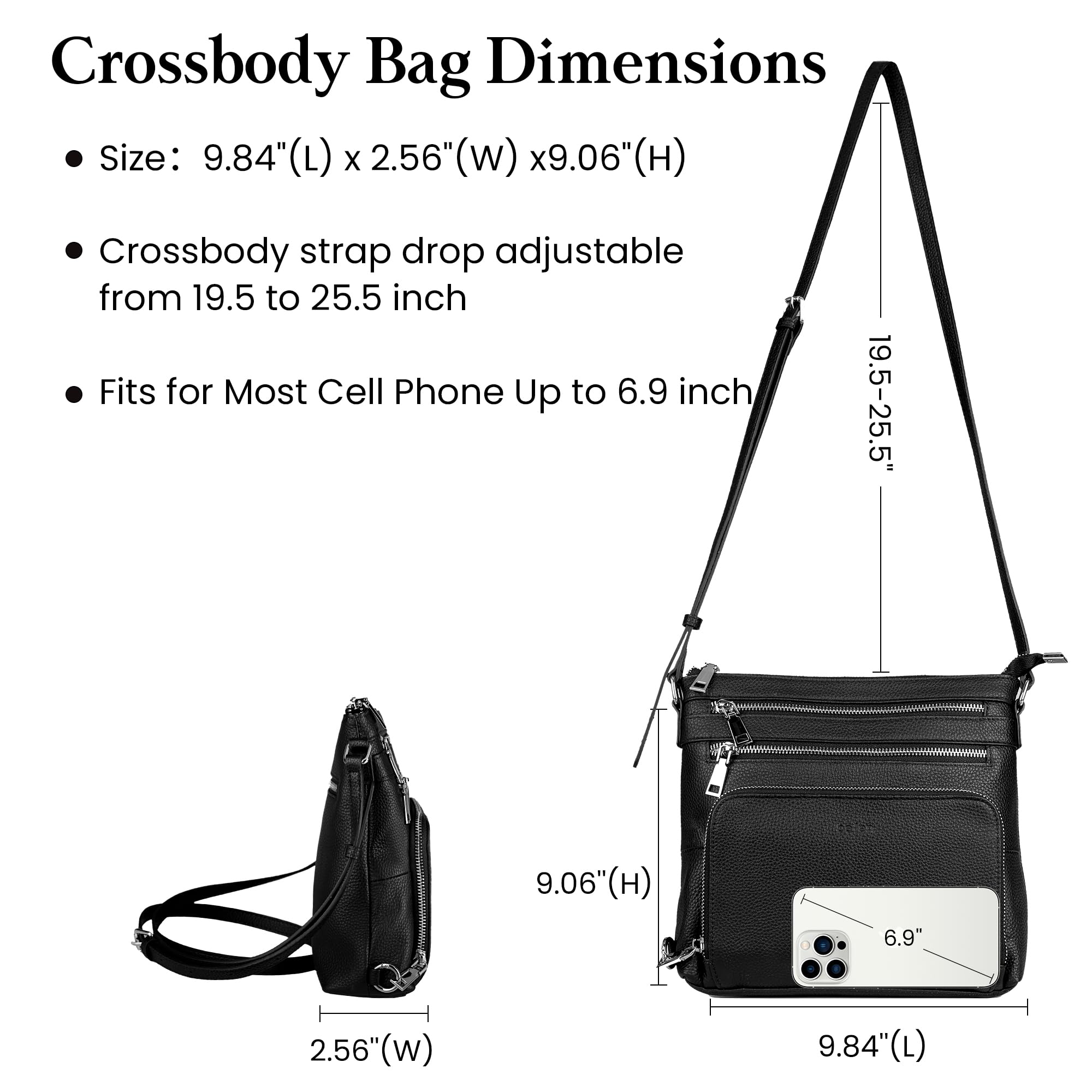 befen Black Genuine Leather Crossbody Purses for Women, Ladies Anti-Theft Medium Crossbody Shoulder Bags with Built in RFID Blocking Wallet