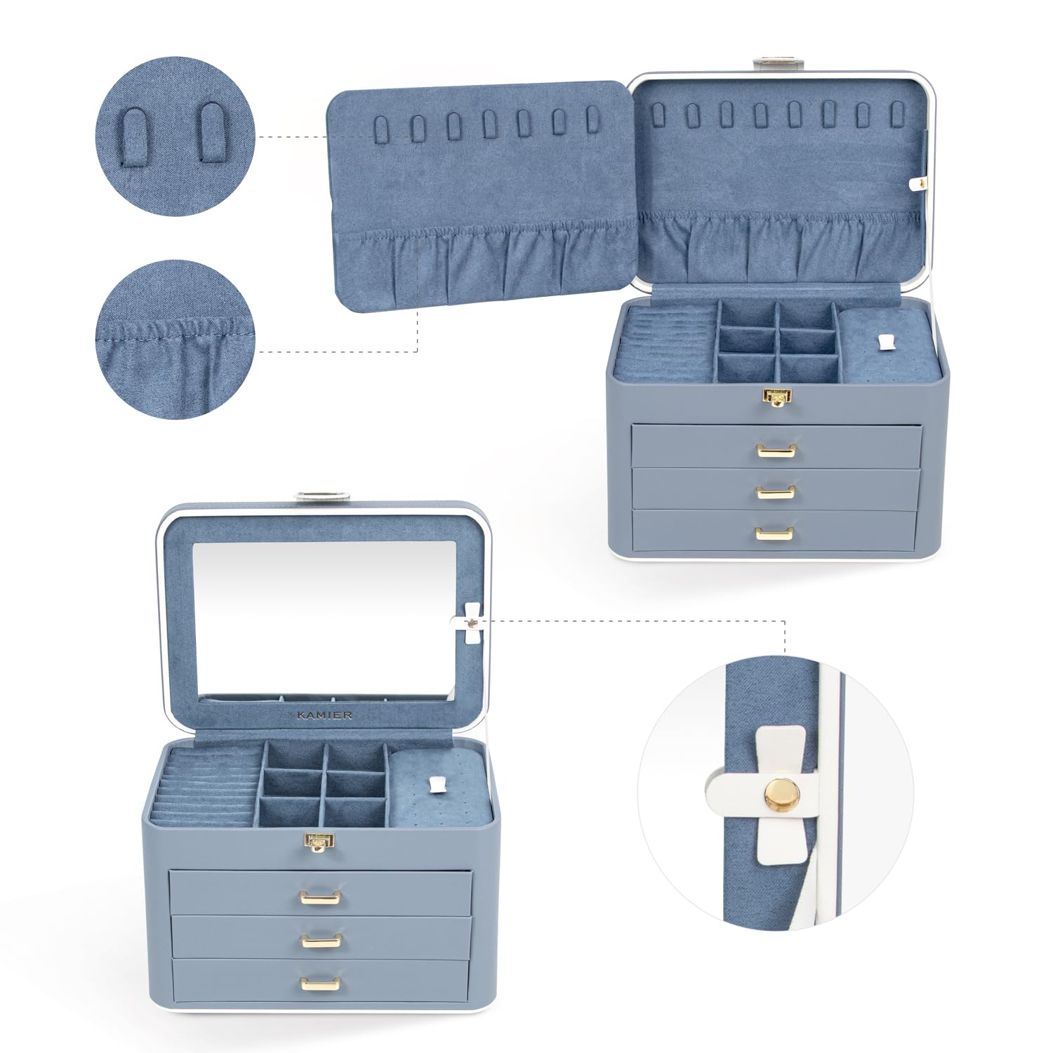 KAMIER Jewelry Organizer Box,4-Layer Jewelry Box for Women with Lock and Mirror, Jewelry Storage Box for Earrings Bracelets Rings Necklaces.Bluish Grey