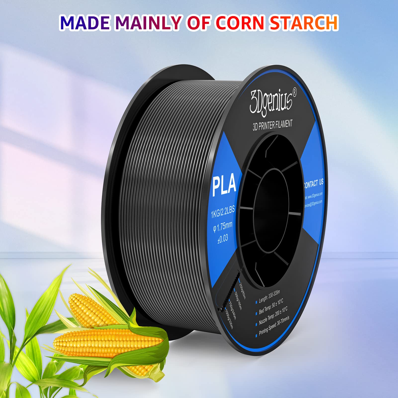 3Dgenius 1.75mm PLA Filament - 1kg/2.2lbs Spool, Black, +/- 0.03mm Accuracy, Fits Most FDM Printers