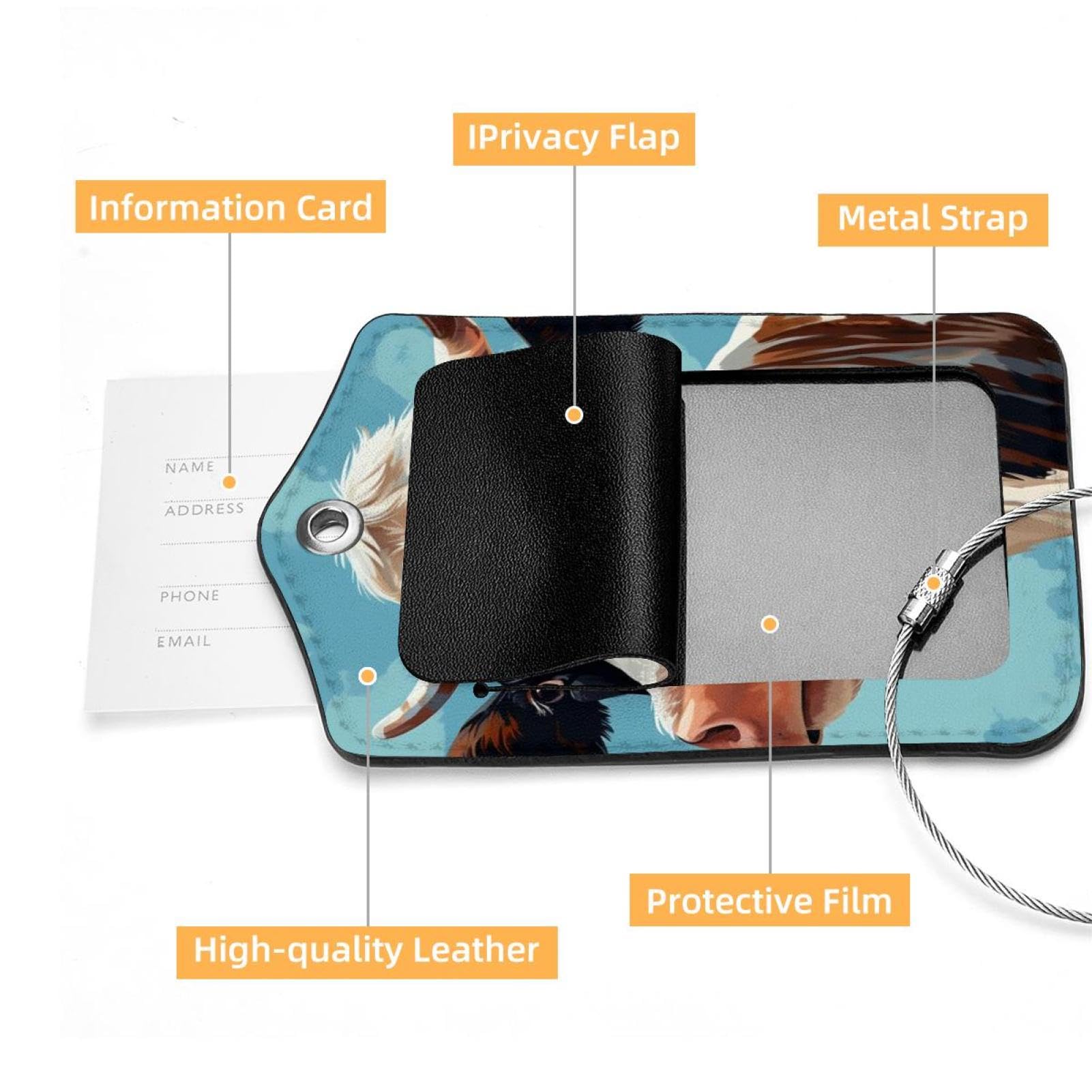 Beautiful CowBright and Personalized Luggage Tags, Set of 2 Metal Loop Lock Baggage Tags with Privacy Flap Cover