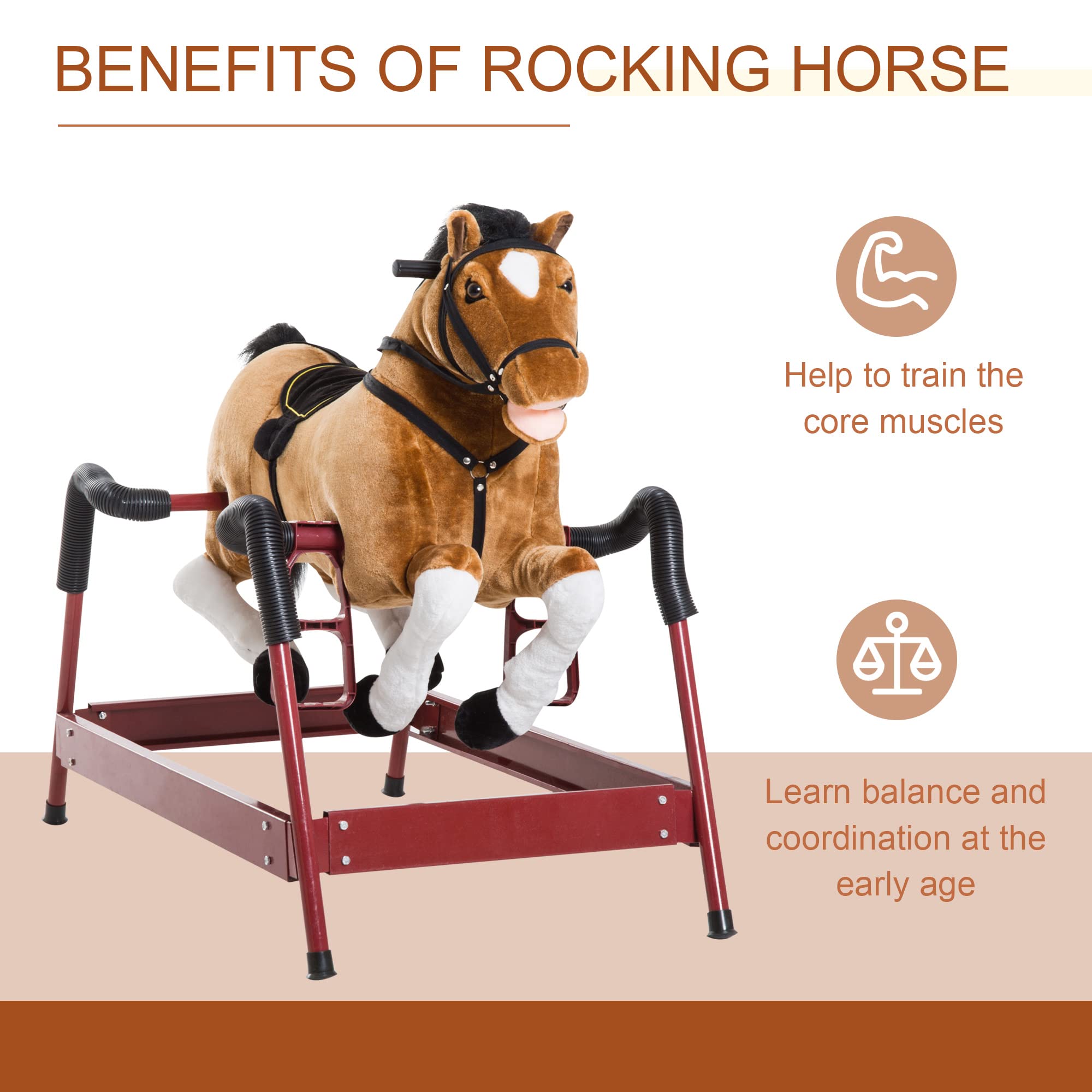Qaba Durable Plush Toddlers Spring Rocking Horse, Bouncing Rocker Toy with Realistic Sounds