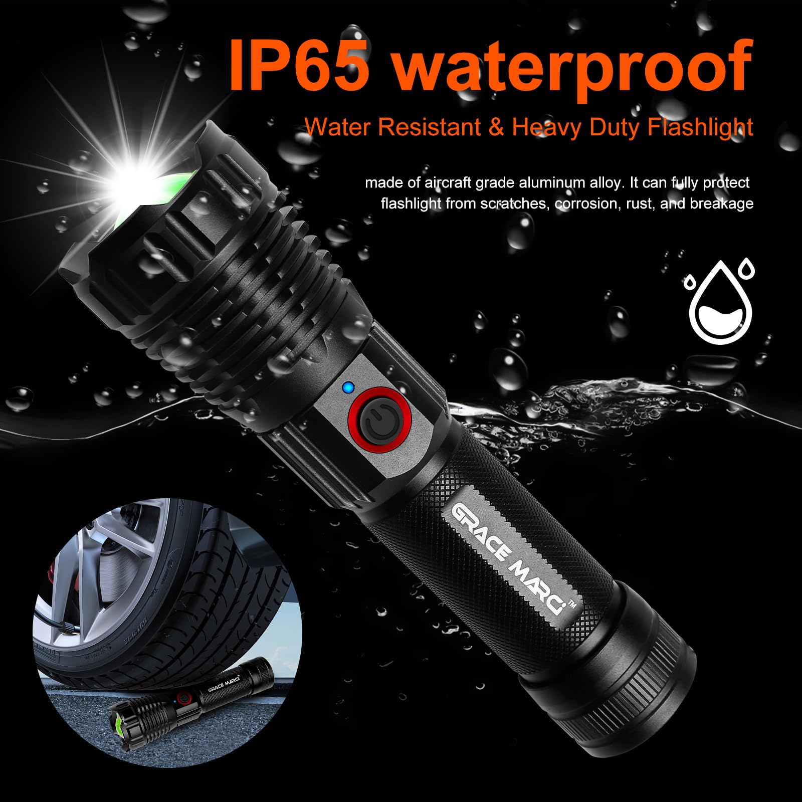 Grace Marci Super Bright Rechargeable Flashlights, High Lumen 500000 Lumens, LED Flashlight with 5 Modes, IP55 Waterproof, Powerful Handheld Flashlight for Camping, Hiking, Emergency