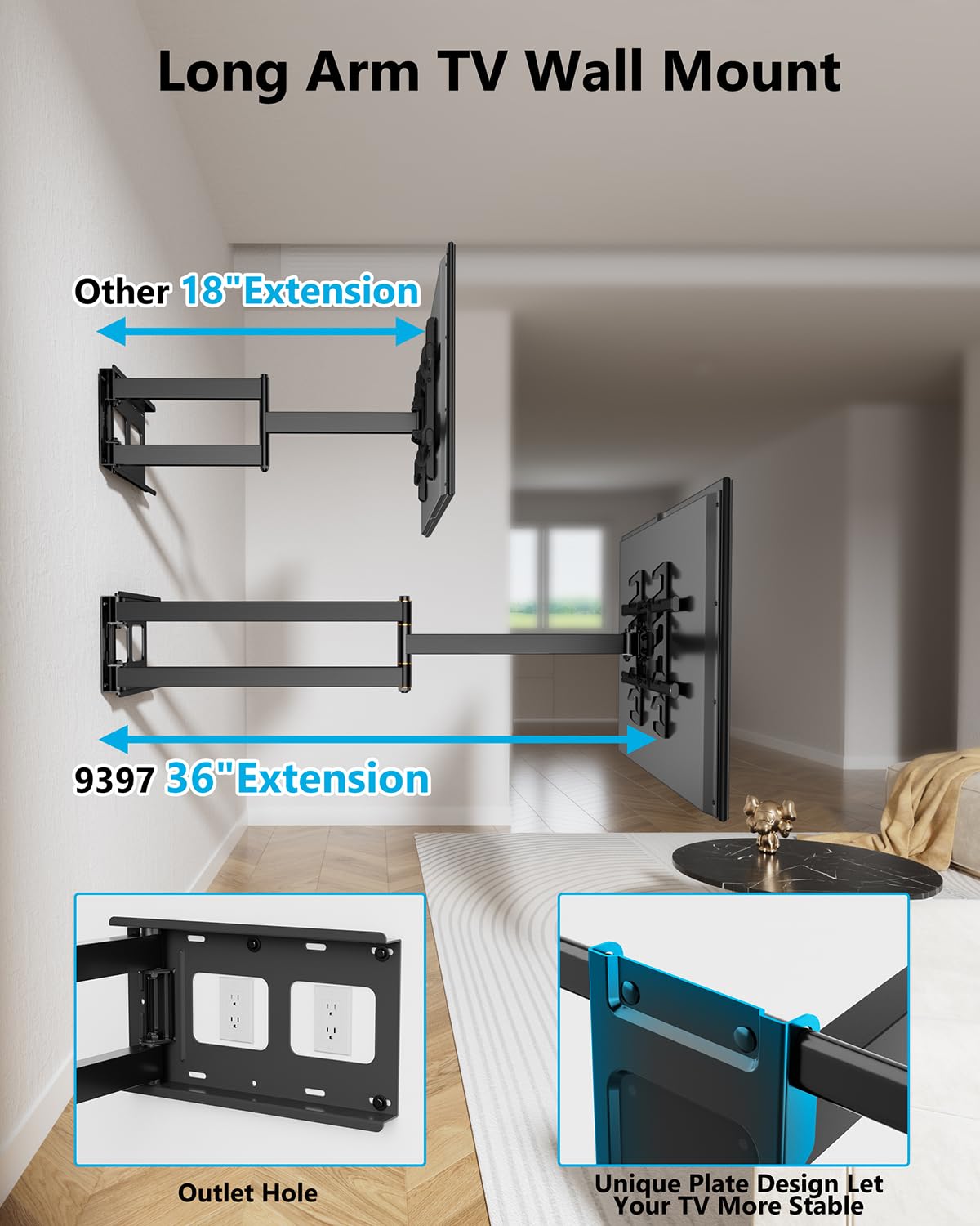 FORGING MOUNT Long Arm Corner TV Mount with Height Setting Full Motion TV Wall Mount with 36" Extends for Corner/Flat Installed Fits 42"-90" TVs,Holds 150lbs,VESA 600x400mm