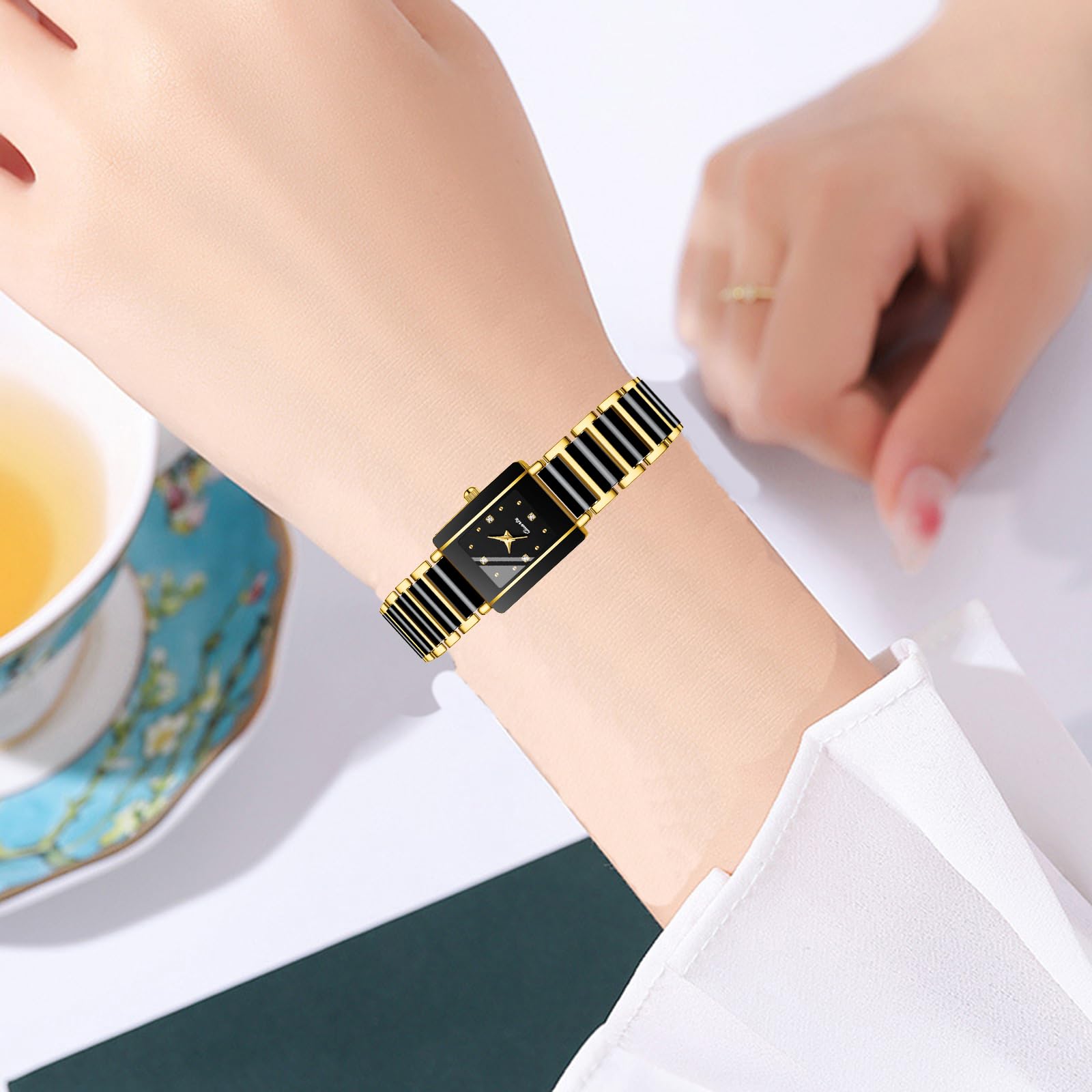 BESTKANG Vintage Square Ceramic Ladies Quartz Watch with Diamond Accents, Waterproof, Elegant Women's Wrist Watch (Black Gold)