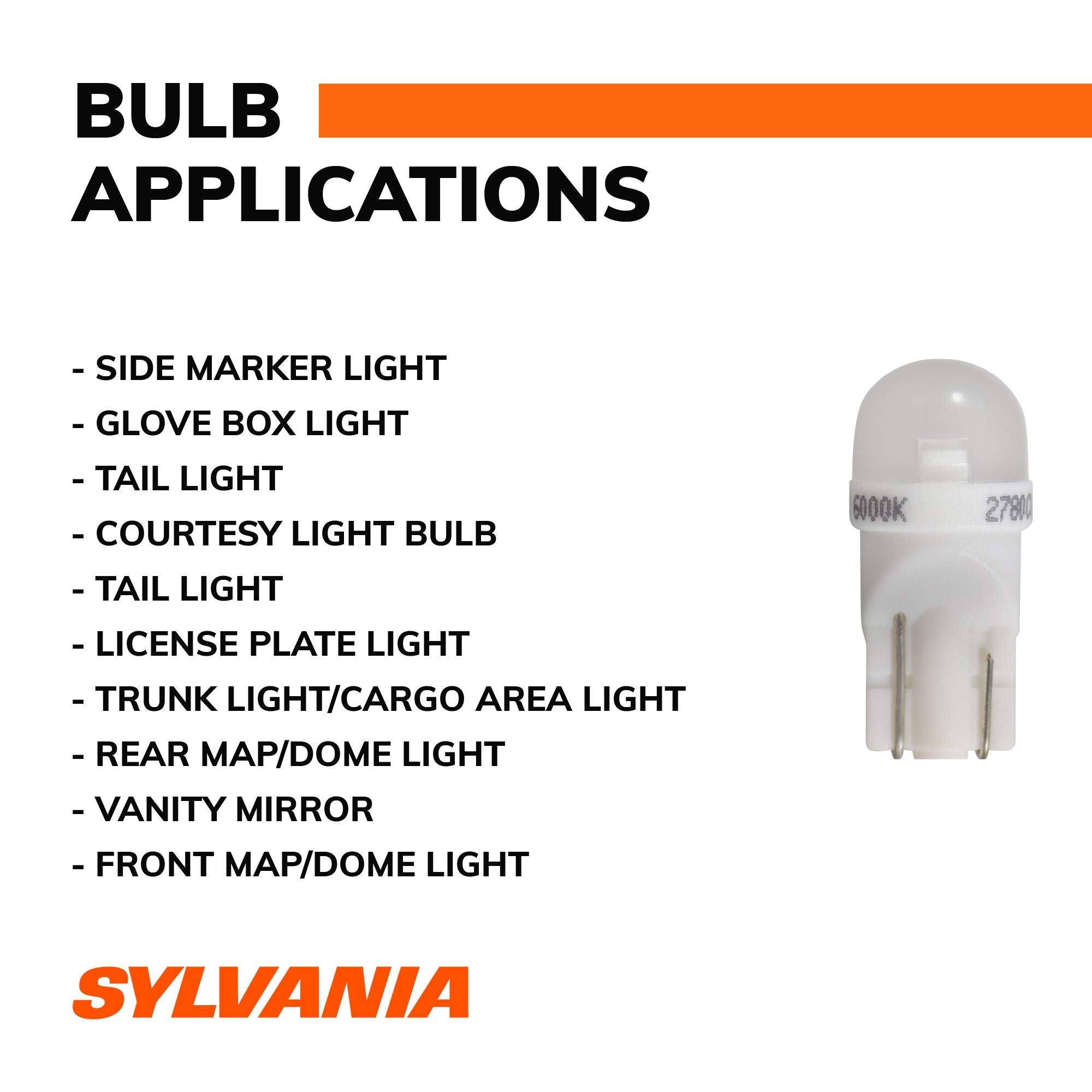 SYLVANIA - 194 T10 W5W LED White Mini Bulb - Bright LED Bulb, Ideal for Interior Lighting - Map, Dome, Cargo and License Plate (Contains 2 Bulbs)