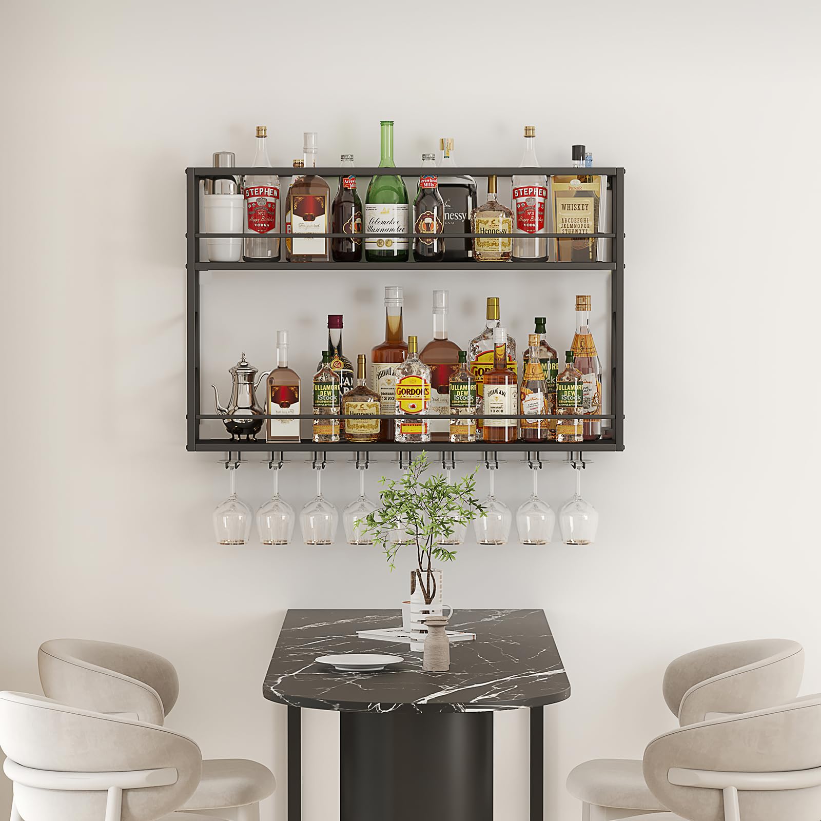 Woskar Wall Mounted Wine Rack 2 Tier, Metal Bar Liquor Shelves and Glass Holder,Wall Bar Shelf Wine Display Storage Holder for Home Bar, Dining Room, Kitchen (47.2×7.8×26in)