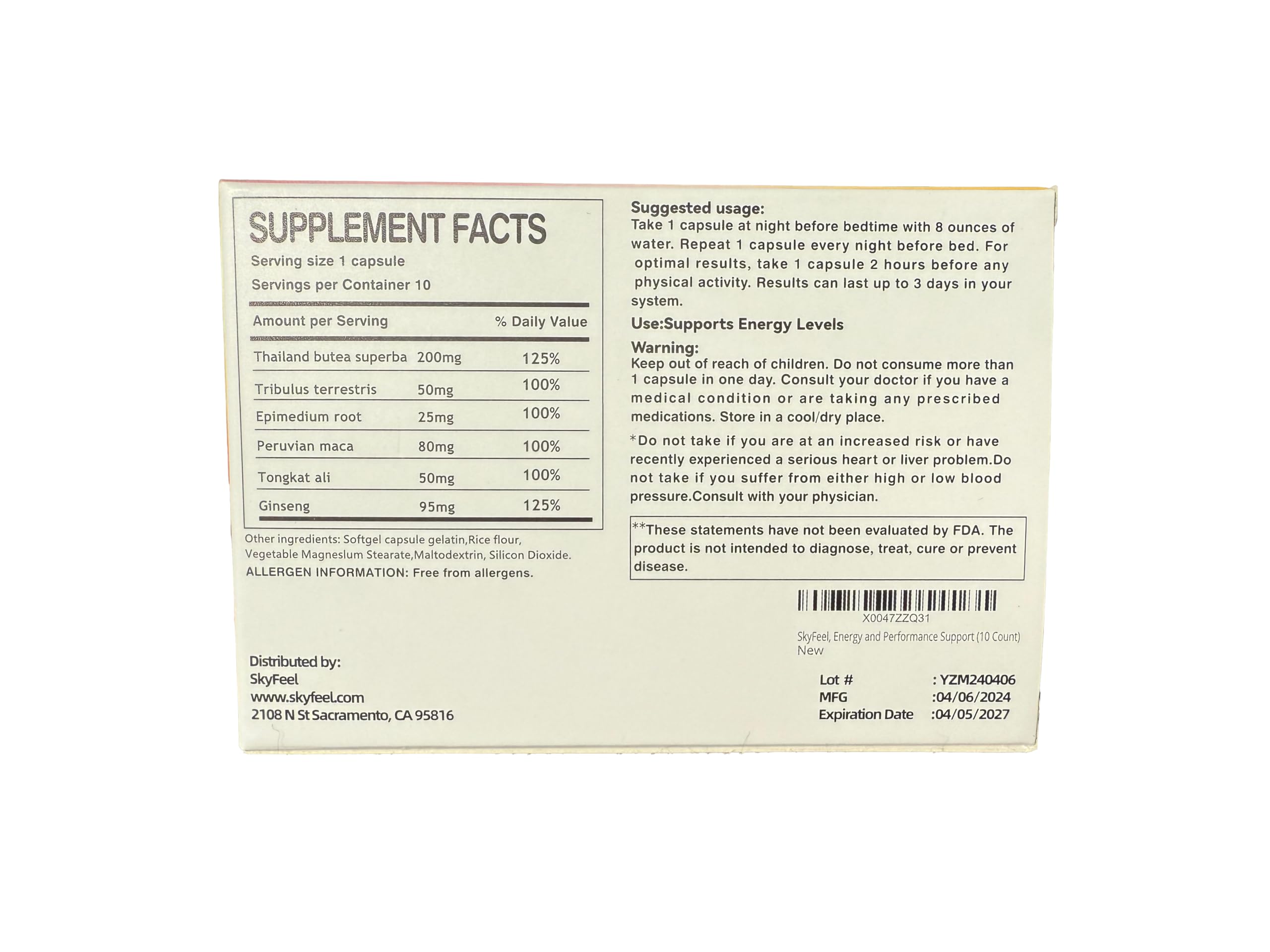 SkyFeel, Maximize Energy, Performance, Vitality and Vigorous Endurance - (10 Pk) Made in The USA