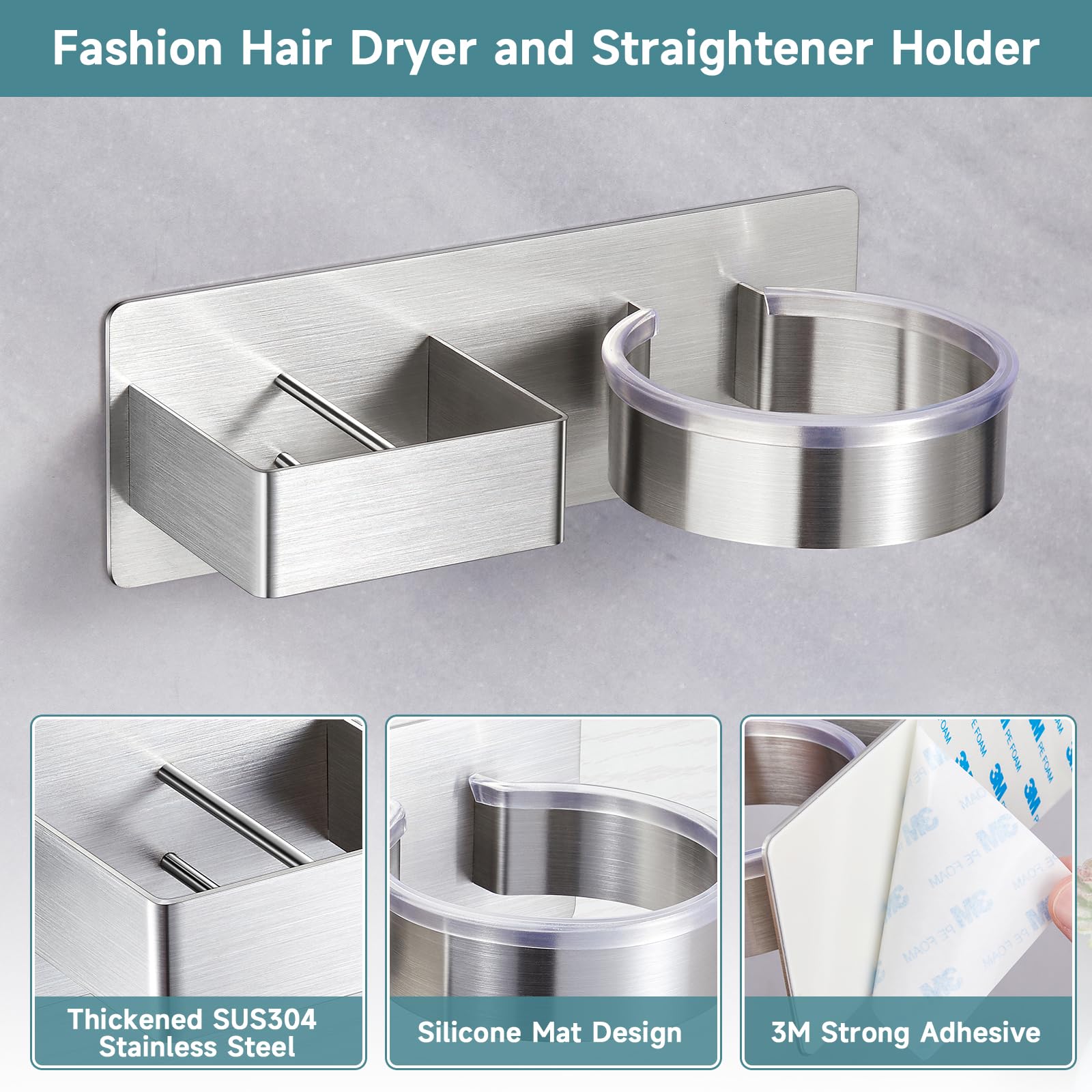 Hair Dryer Holder, Hair Tool Organizer, Stainless Steel Blow Dryer Holder Wall Mounted, Adhesive Straightener Holder, Bathroom Hair Care Styling for Flat Iron,Curling Iron,Hairdryer