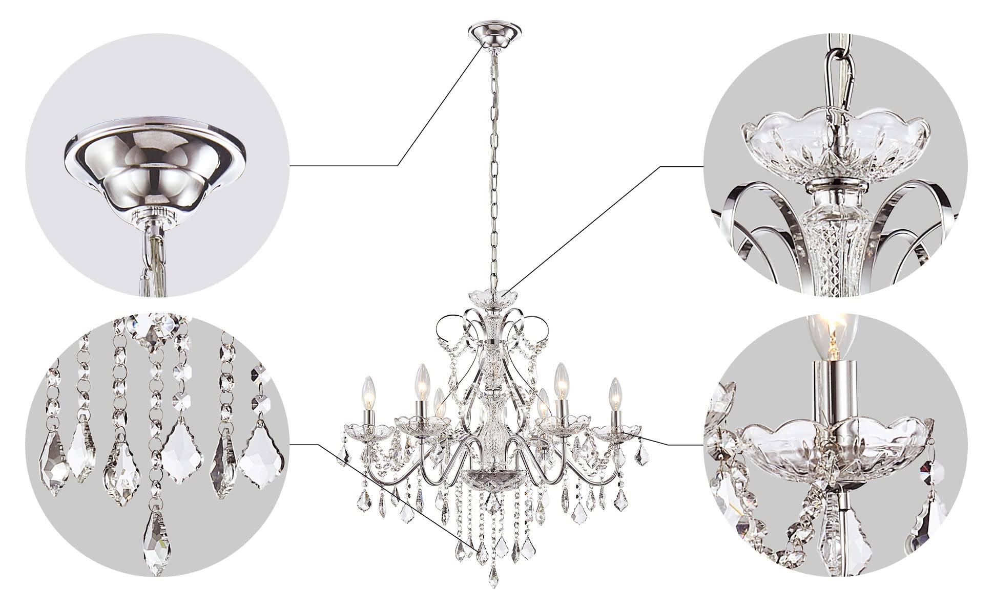 Saint Mossi 6 Light Crystal Chandelier Light Fixture Modern Chandelier Crystal Lighting, Crystal Pendant Raindrop Chandelier for Dining Room,Bedroom,Living Room,H23 x D24