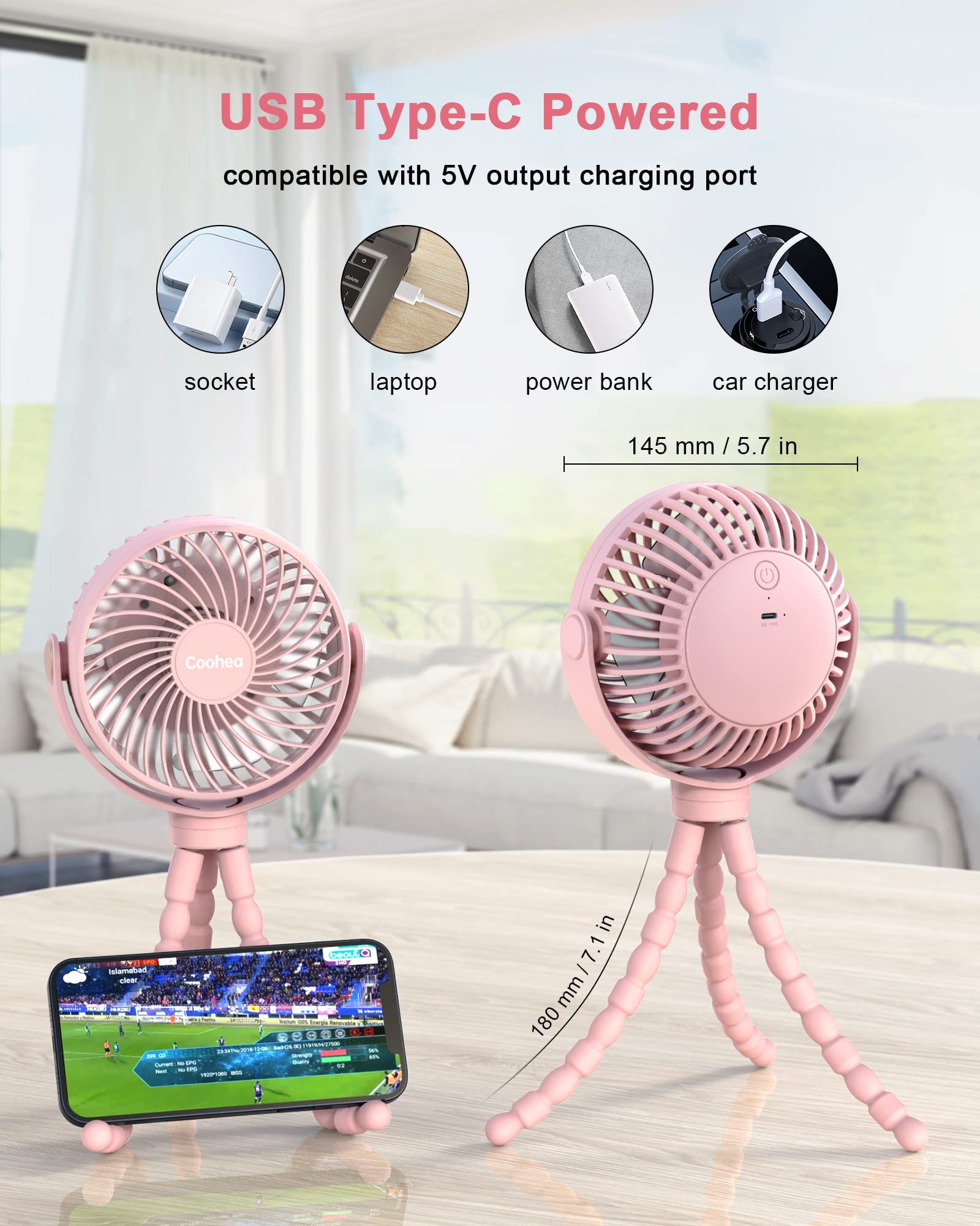 Coohea Stroller Fan Clip on Baby Fan USB Rechargeable Small Fan Battery Operated Portable Fan, Flexible Tripod for Car Seat Backseat Bike Beach Travel Trip Camping, 360°Rotatable, 3 Wind Speed, Pink