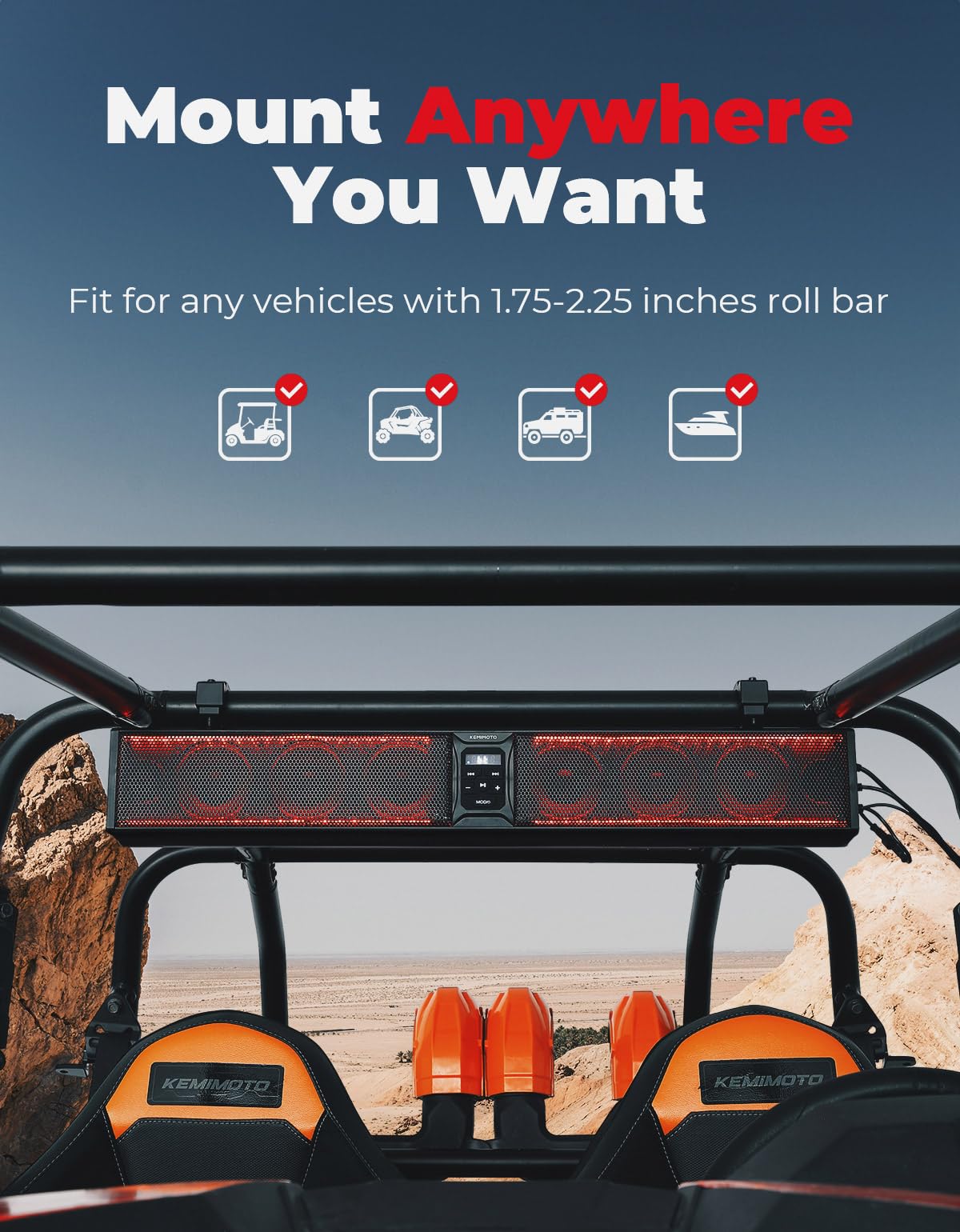 KEMIMOTO 33 inch 8 Speaker Louder UTV Sound Bar Waterproof Bluetooth, Heavy-Duty Aluminum, Music Sync Multicolor Light SXS Speakers, Soundbar for UTV Golf Cart Marine Boat with 1.75''-2.25'' Roll Bar