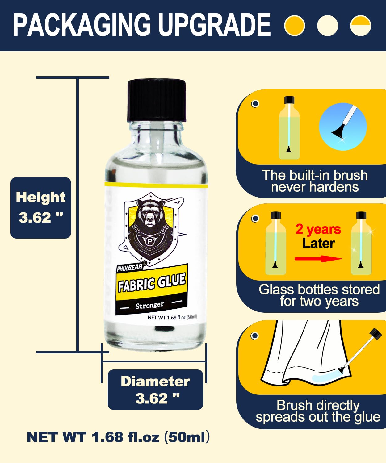 PHIXBEAR Mighty Fabric Glue Permanent in Glass Bottle with Brush, Waterproof Washable Liquid Stitch Fabric Glue, Safe, No Irritation. for Repair Clothes, Leather, Patches(1.68 fl.oz 50ml)