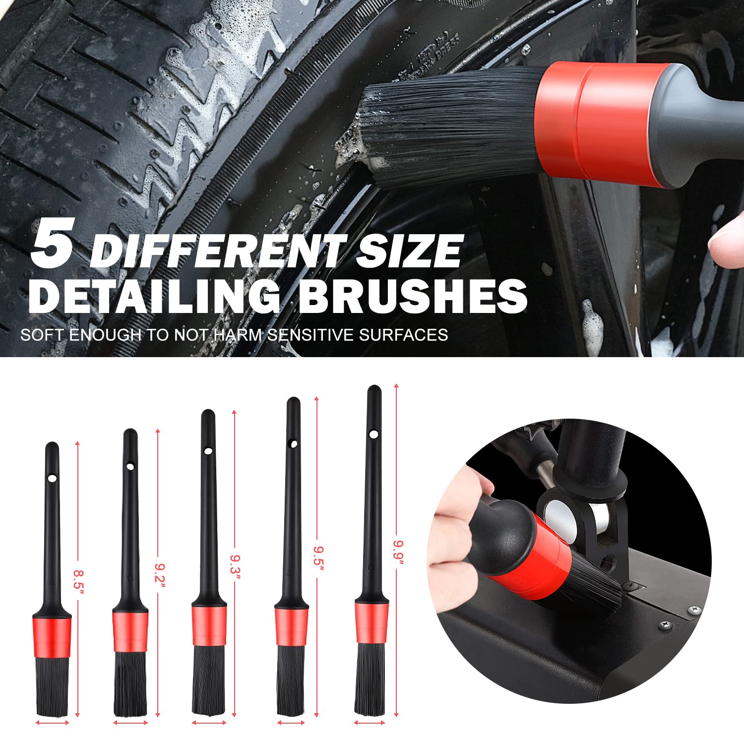 DNA MOTORING Car Detailing Brush Cleaning Tools Set with Carry Bag for Auto Interior & Exterior Wheel Dashboard Vent, Red,TOOLS-00278