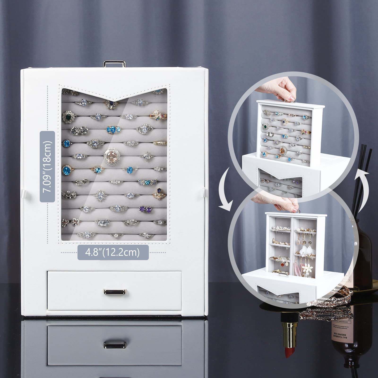 Homde Jewelry Organizer with Transparent Window Necklace Hooks Gift for Women Jewelry Box Display Case for Necklaces Rings Earrings Bracelets and Other Jewelry Accessories (White)