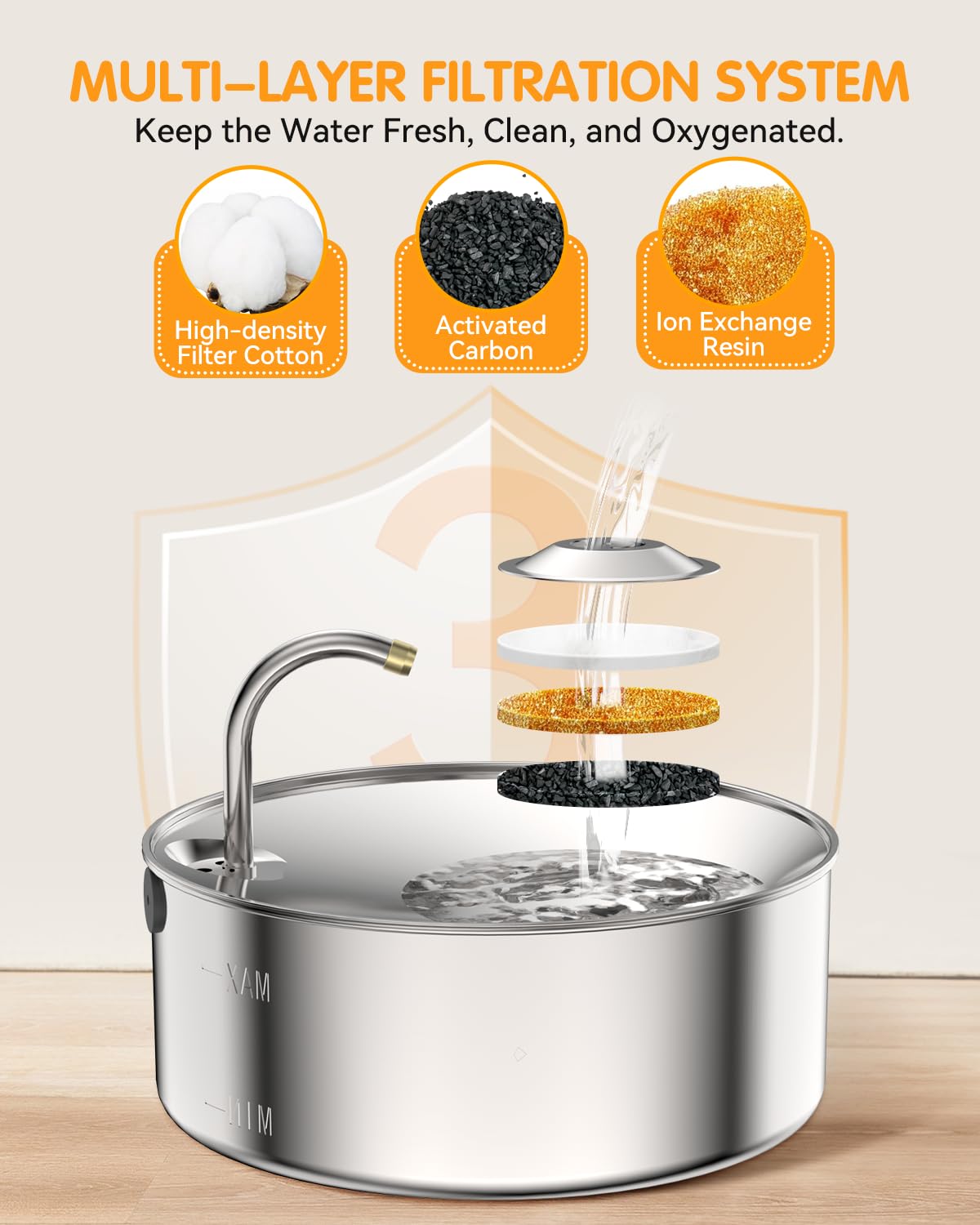 Oiwliur Cat Water Fountain, 3.2L/108oz Stainless Steel Automatic Water Dispenser, Pet Water Fountain with Ultra-Quite Pump and 3 Replacement Filters for Cats, Dogs, and Multiple Pets (Silver)